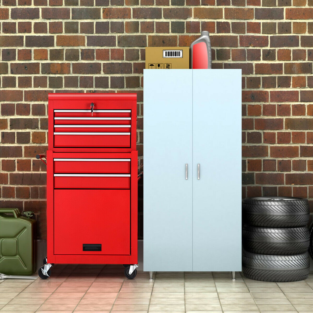 Rolling Cabinet Storage Chest Box Garage Toolbox Organizer-Red-Garages-DECOROLALA