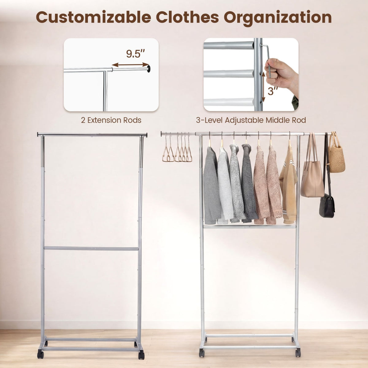 Rolling Clothes Rack Double-Rod Extendable Garment Stand for Hanging Clothes-Clothing & Closet Storage-DECOROLALA
