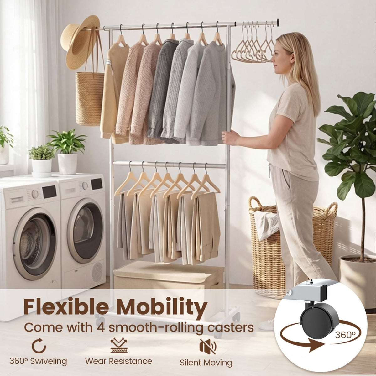 Rolling Clothes Rack Double-Rod Extendable Garment Stand for Hanging Clothes-Clothing & Closet Storage-DECOROLALA