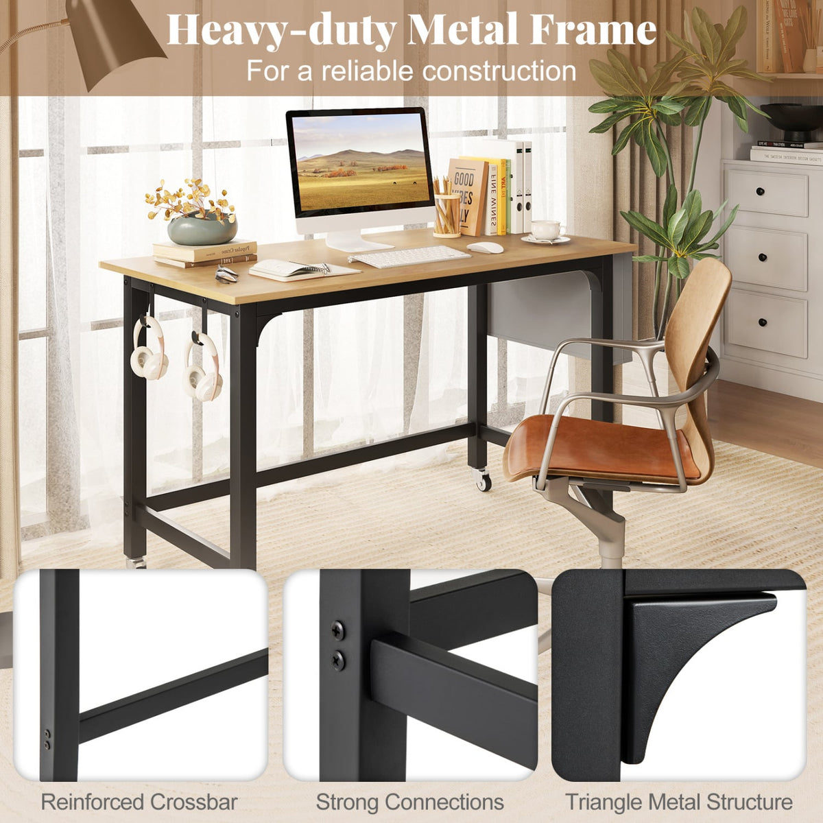 Rolling Computer Desk with Headphone Hooks and Lockable Wheels for Home Office-Natrual-Computer Desks-DECOROLALA