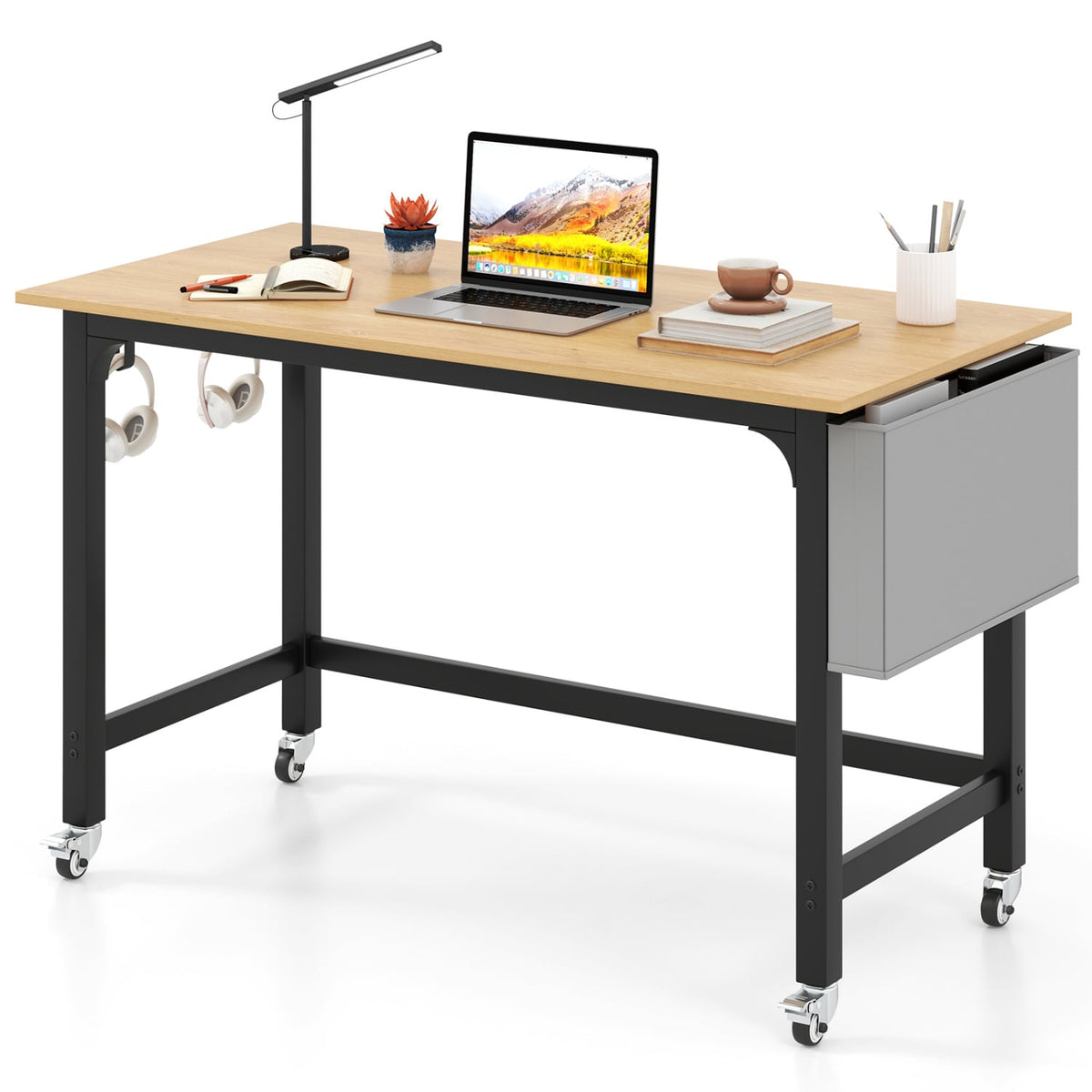 Rolling Computer Desk with Headphone Hooks and Lockable Wheels for Home Office-Natrual-Computer Desks-DECOROLALA