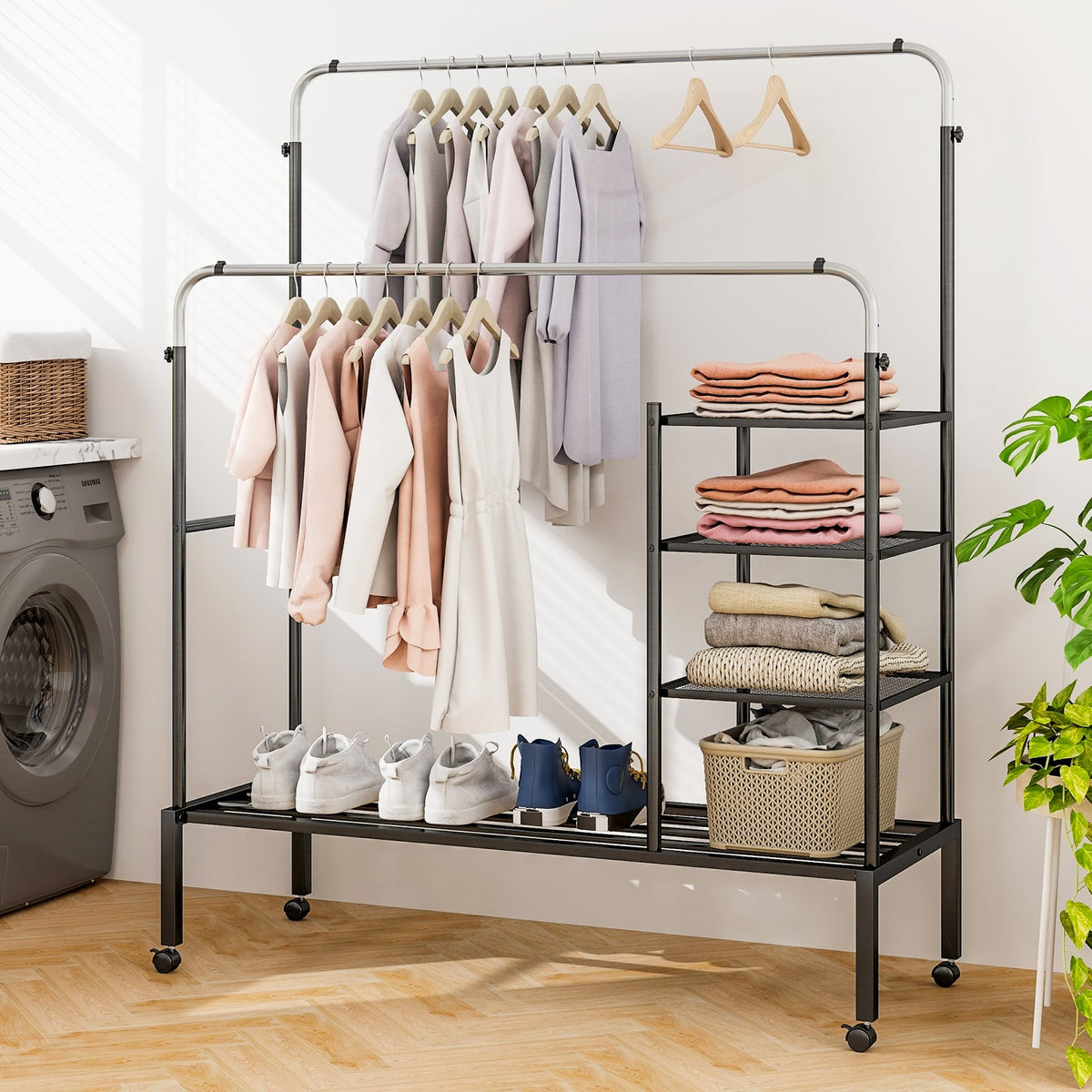 Rolling Double Rods Garment Rack with Height Adjustable Hanging Bars-Silver-Clothing & Closet Storage-DECOROLALA