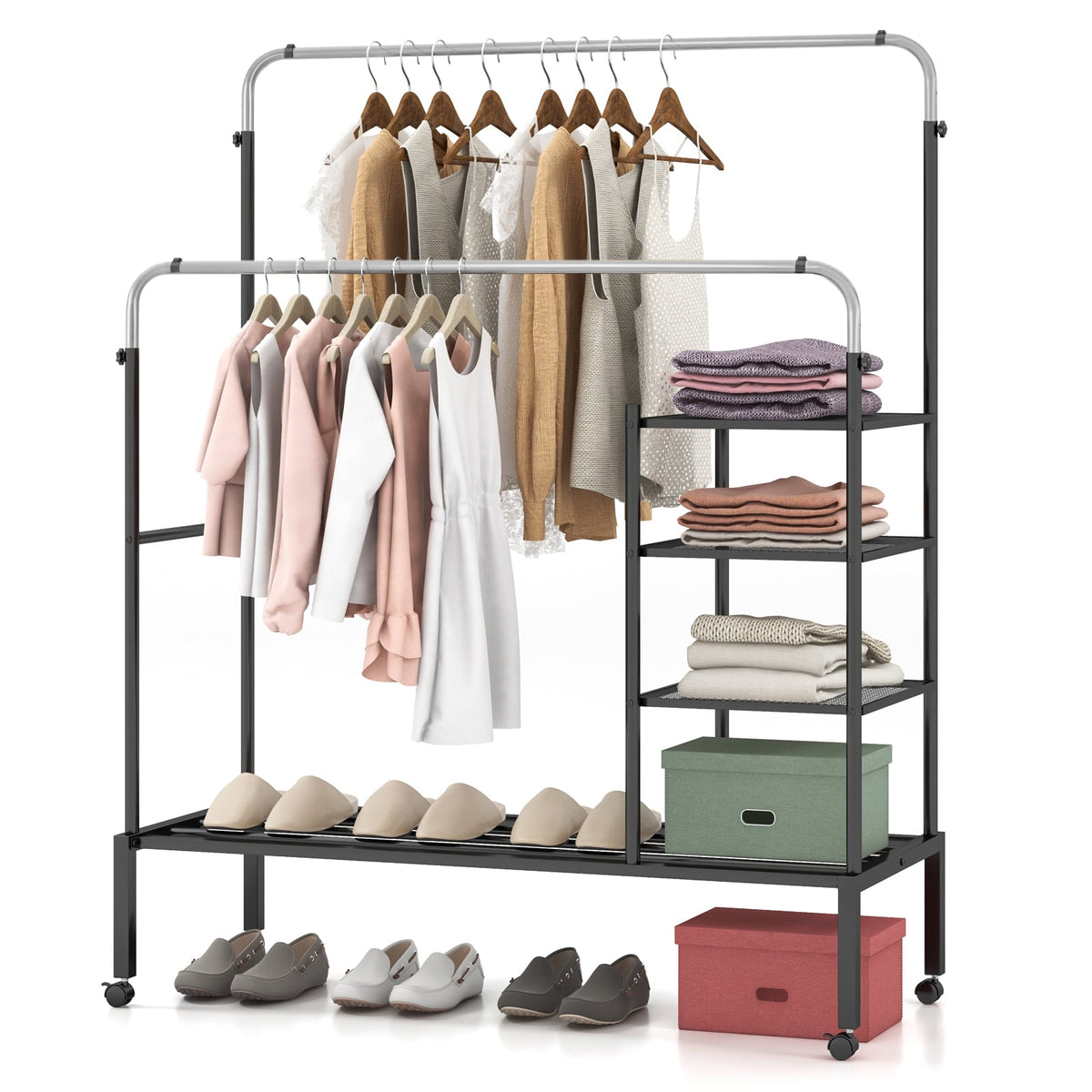 Rolling Double Rods Garment Rack with Height Adjustable Hanging Bars-Silver-Clothing & Closet Storage-DECOROLALA