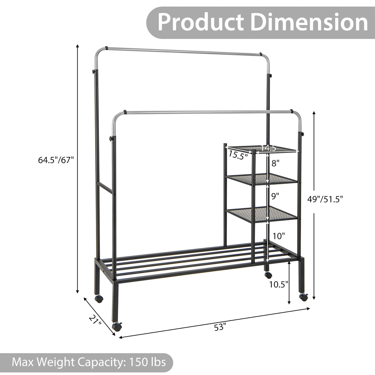 Rolling Double Rods Garment Rack with Height Adjustable Hanging Bars-Silver-Clothing & Closet Storage-DECOROLALA
