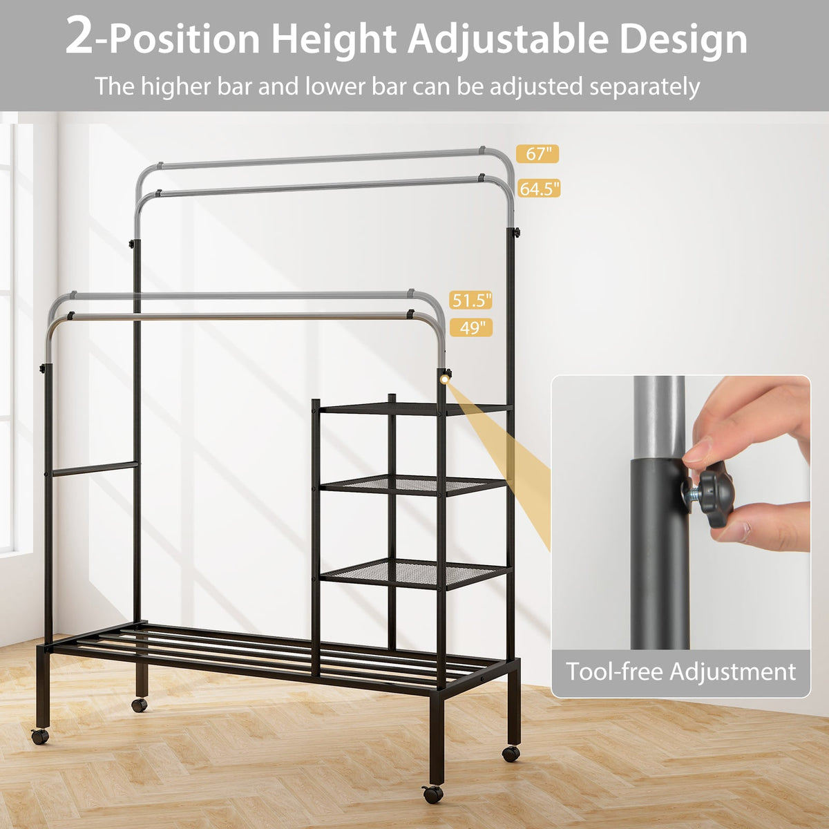 Rolling Double Rods Garment Rack with Height Adjustable Hanging Bars-Silver-Clothing & Closet Storage-DECOROLALA