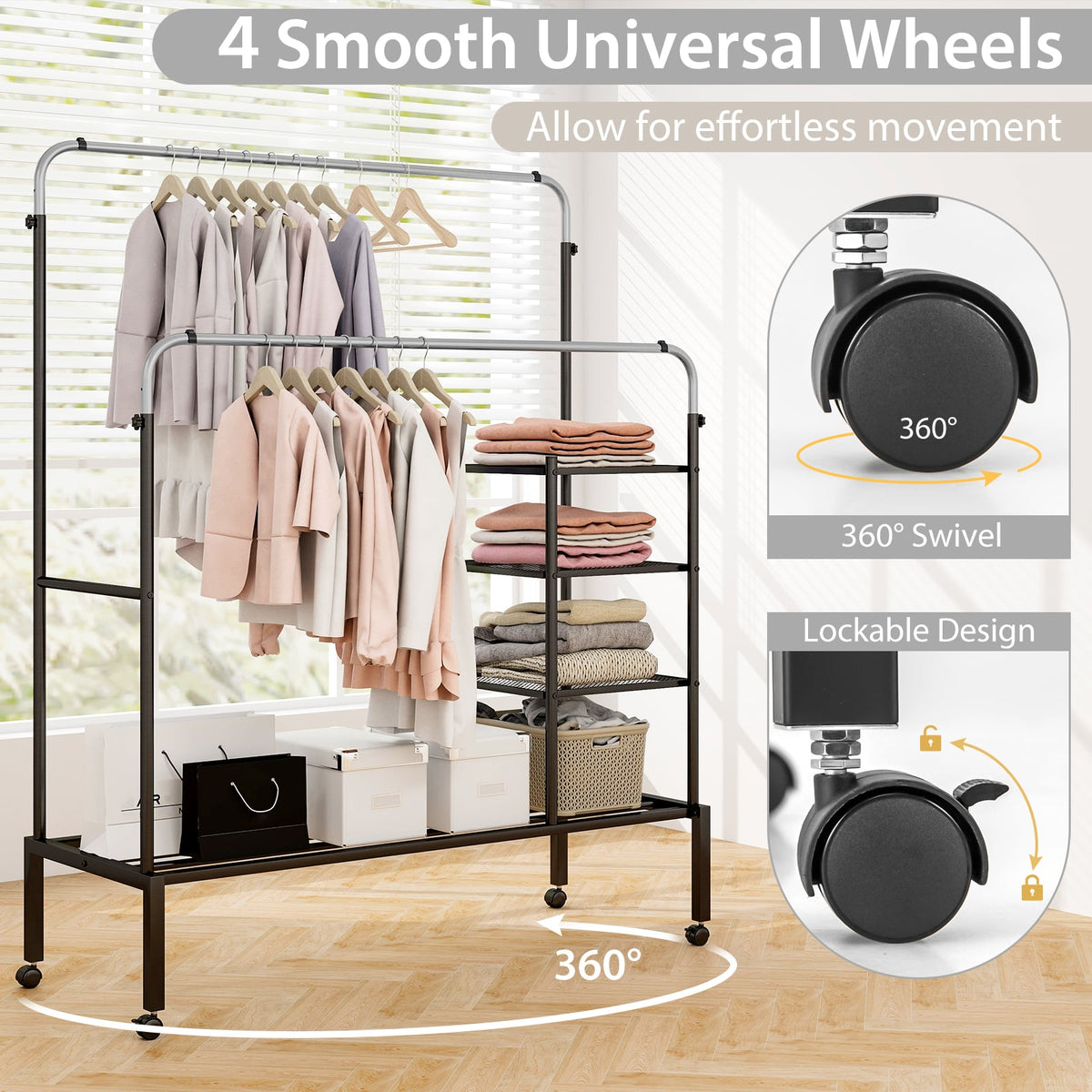 Rolling Double Rods Garment Rack with Height Adjustable Hanging Bars-Silver-Clothing & Closet Storage-DECOROLALA
