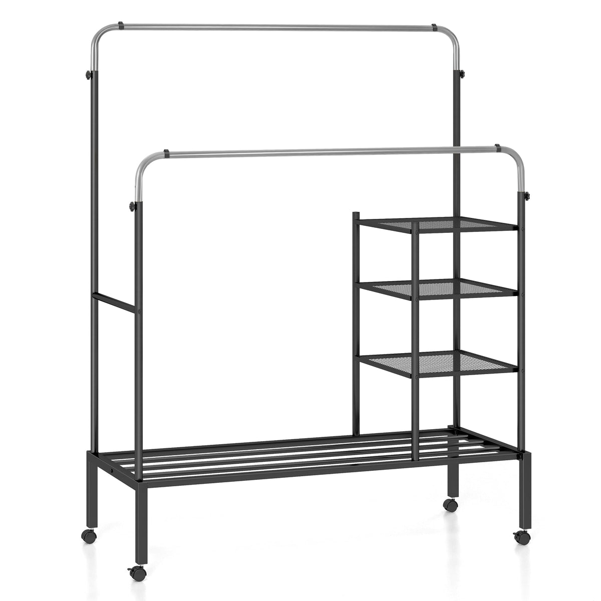 Rolling Double Rods Garment Rack with Height Adjustable Hanging Bars-Silver-Clothing & Closet Storage-DECOROLALA
