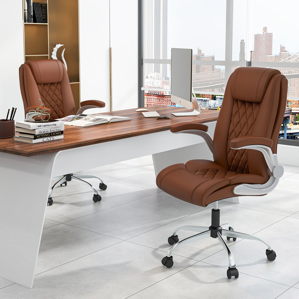 Rolling Executive Office Chair with 6 Position Adjustable Headrest-Brown-Executive Office Chairs-DECOROLALA