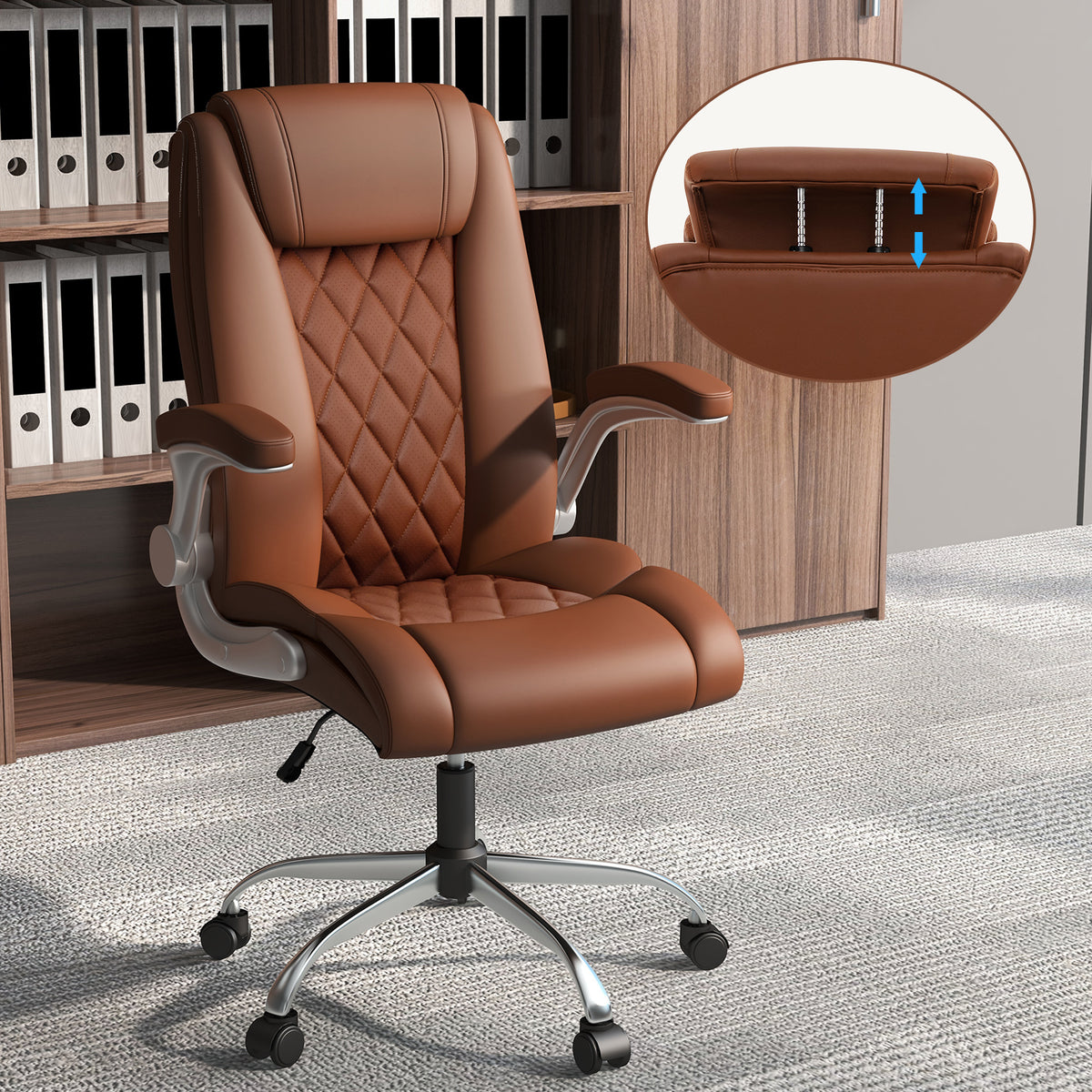 Rolling Executive Office Chair with 6 Position Adjustable Headrest-Brown-Executive Office Chairs-DECOROLALA