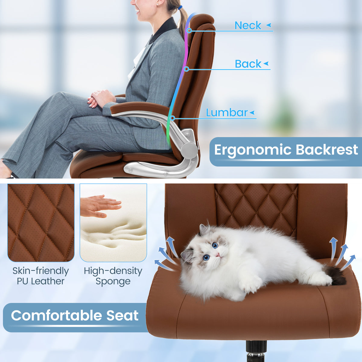 Rolling Executive Office Chair with 6 Position Adjustable Headrest-Brown-Executive Office Chairs-DECOROLALA