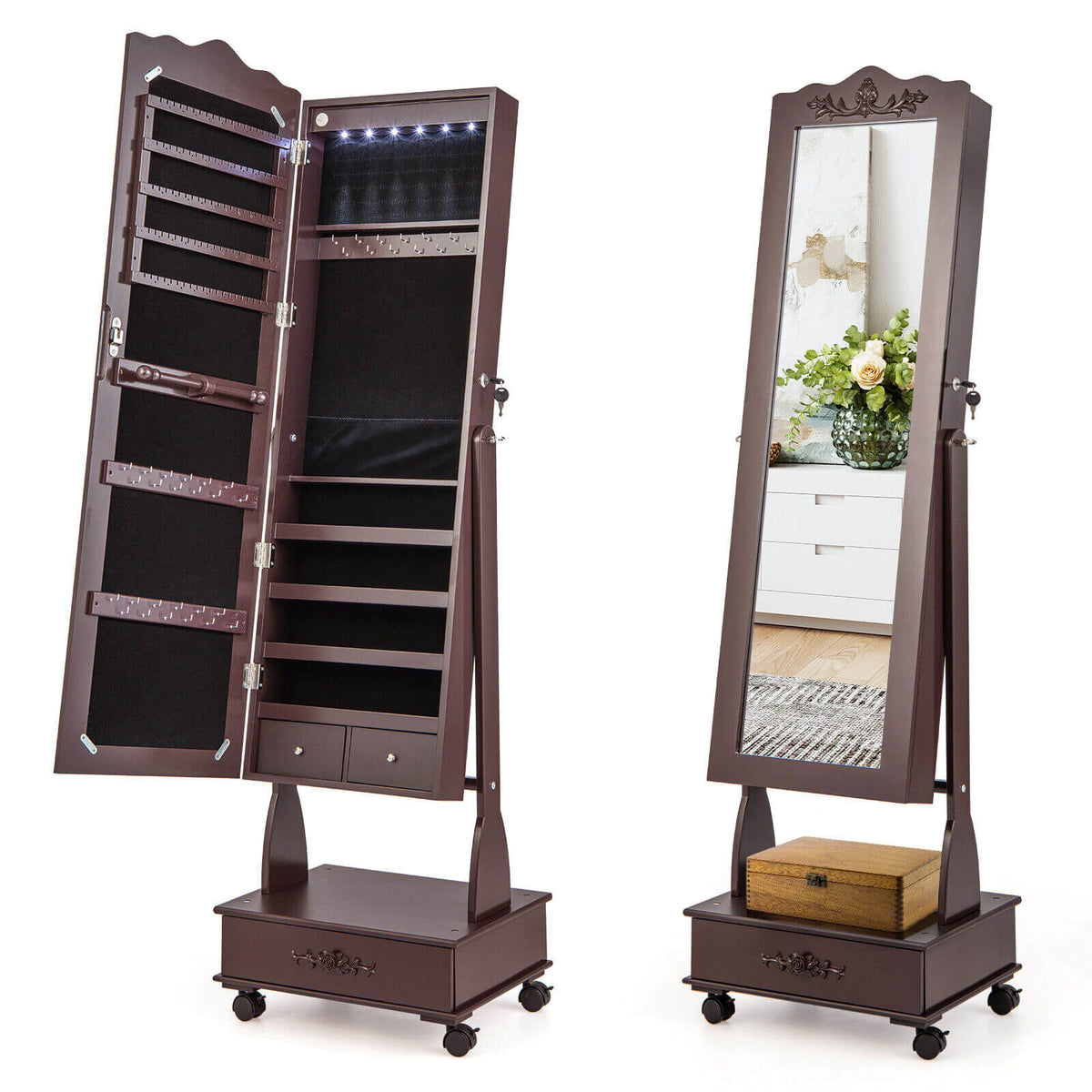 Rolling Floor Standing Mirrored Jewelry Armoire with Lock and Drawers-Brown-Jewelry Armoires-DECOROLALA