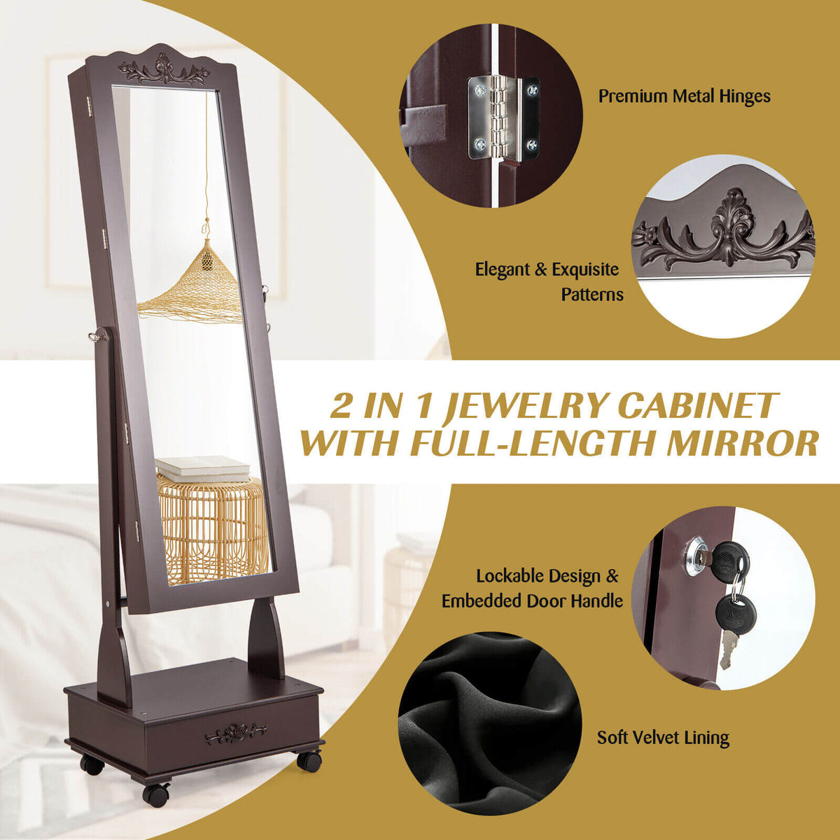 Rolling Floor Standing Mirrored Jewelry Armoire with Lock and Drawers-Brown-Jewelry Armoires-DECOROLALA