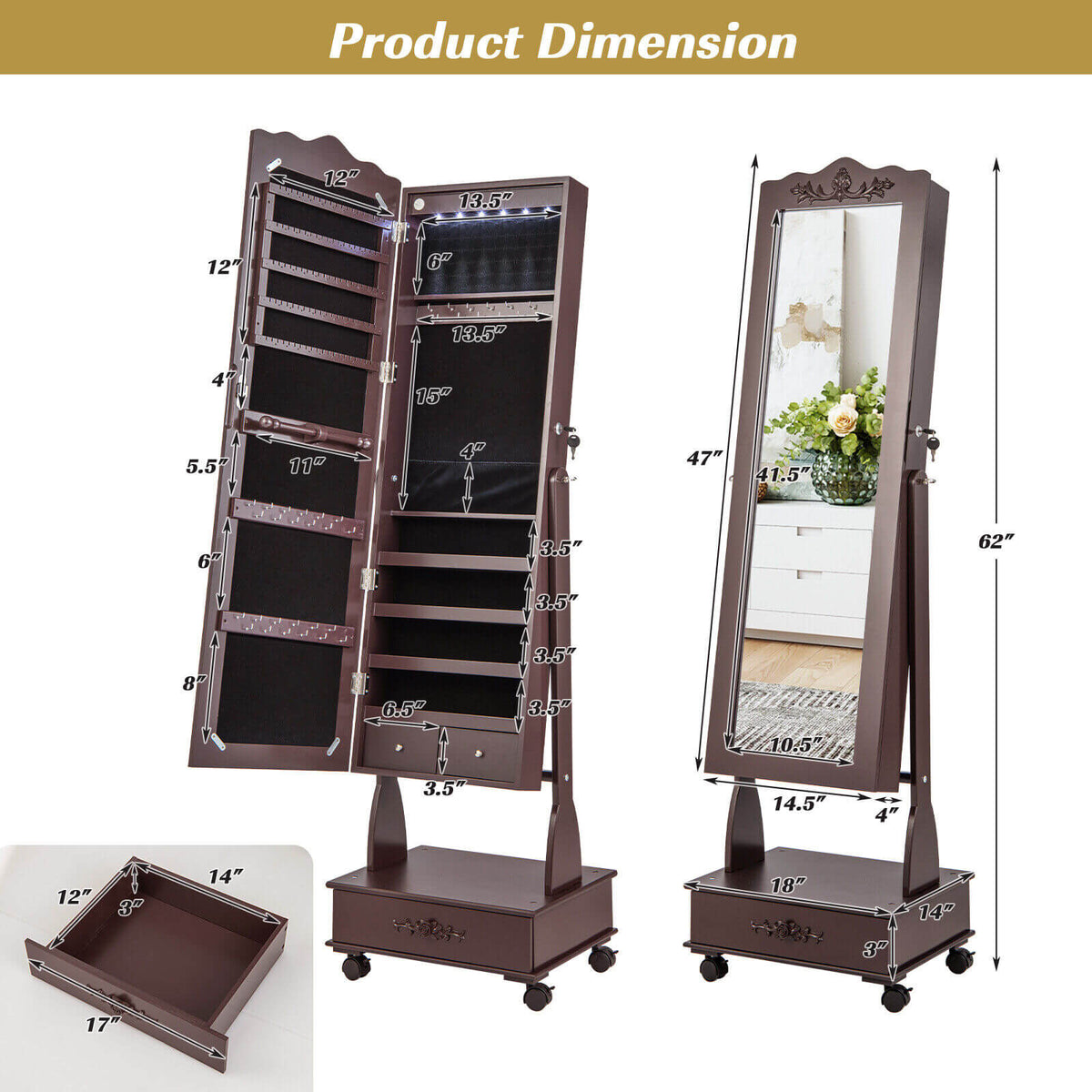 Rolling Floor Standing Mirrored Jewelry Armoire with Lock and Drawers-Brown-Jewelry Armoires-DECOROLALA