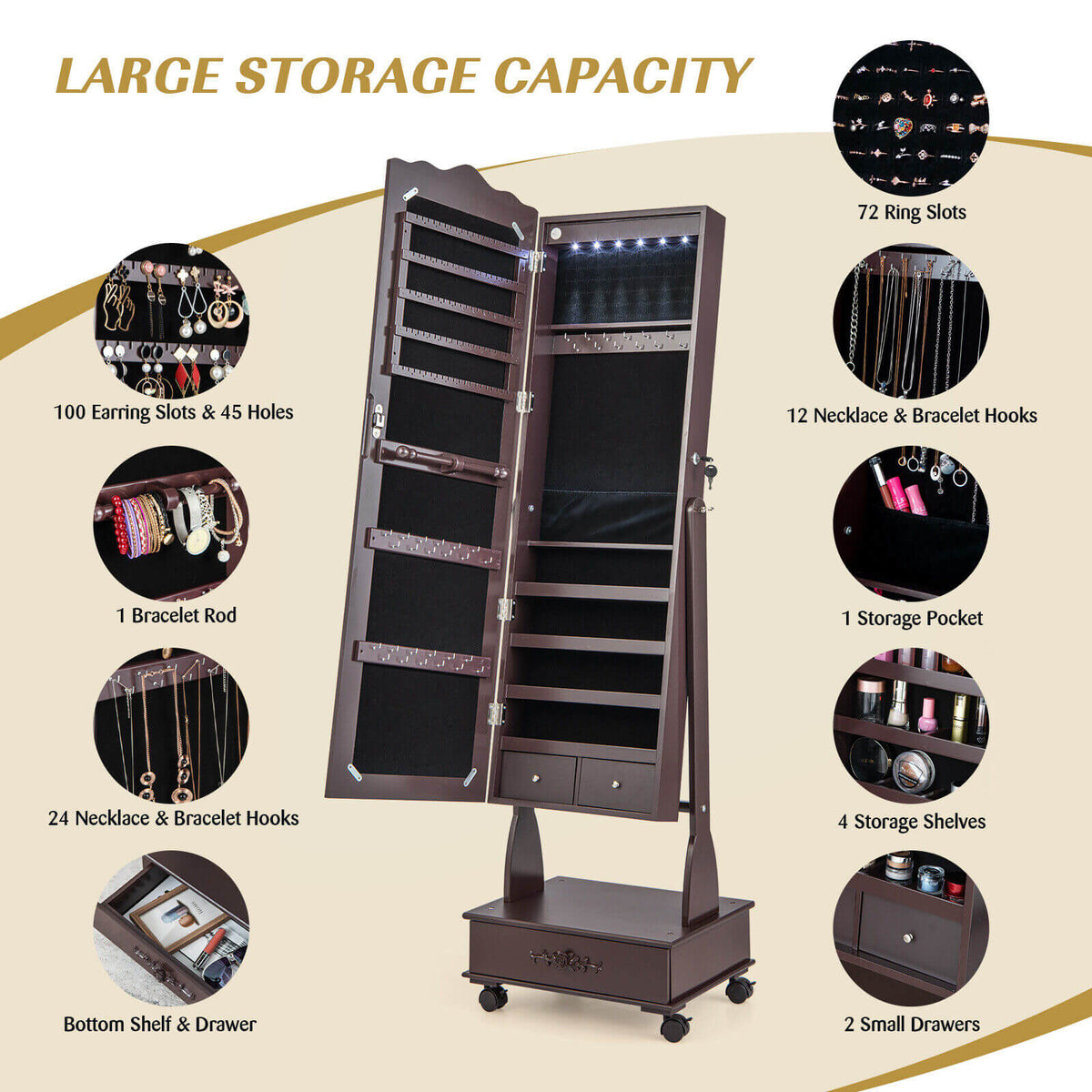 Rolling Floor Standing Mirrored Jewelry Armoire with Lock and Drawers-Brown-Jewelry Armoires-DECOROLALA