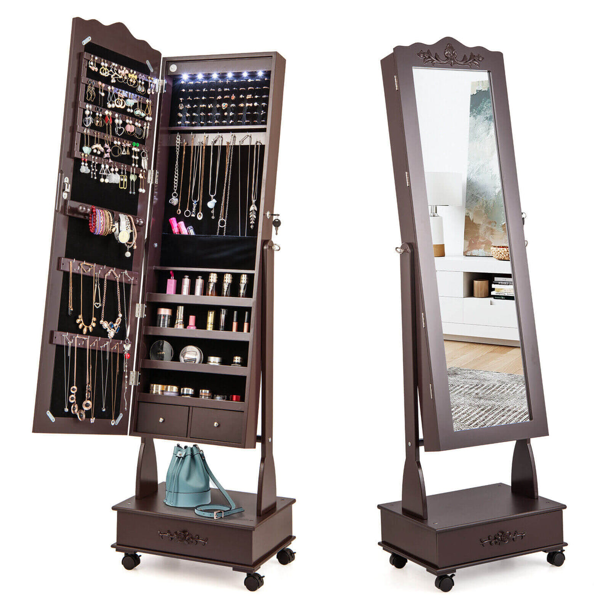 Rolling Floor Standing Mirrored Jewelry Armoire with Lock and Drawers-Brown-Jewelry Armoires-DECOROLALA