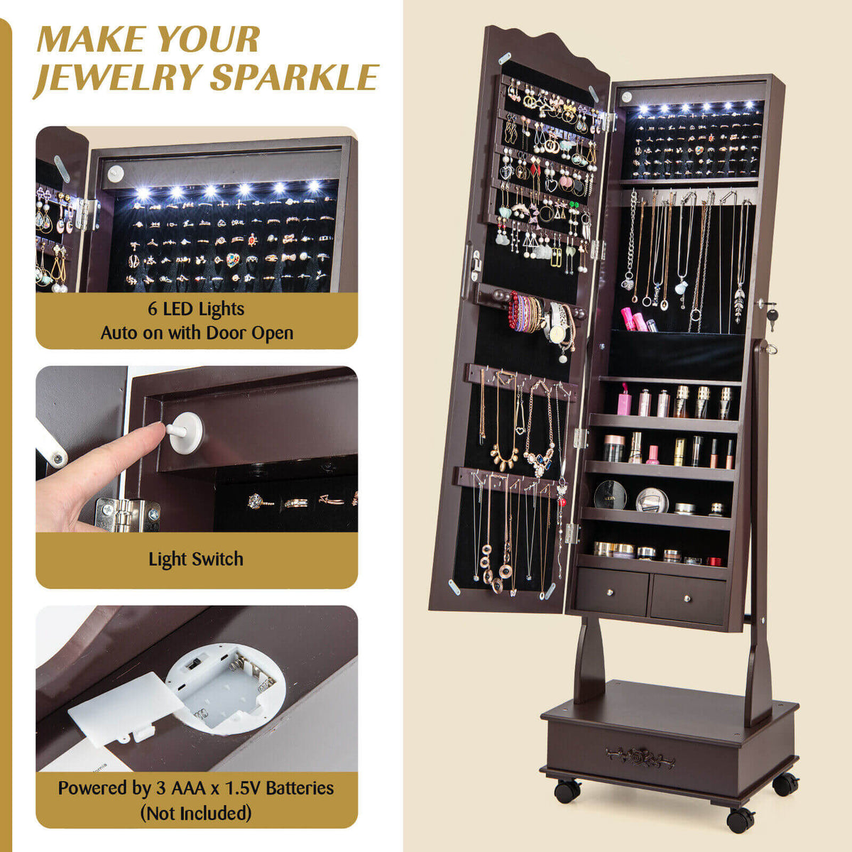 Rolling Floor Standing Mirrored Jewelry Armoire with Lock and Drawers-Brown-Jewelry Armoires-DECOROLALA