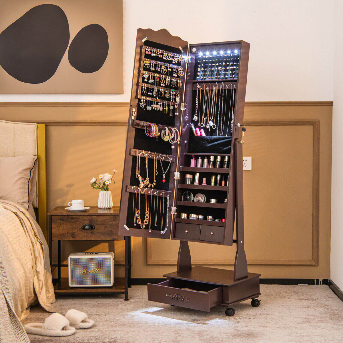 Rolling Floor Standing Mirrored Jewelry Armoire with Lock and Drawers-Brown-Jewelry Armoires-DECOROLALA
