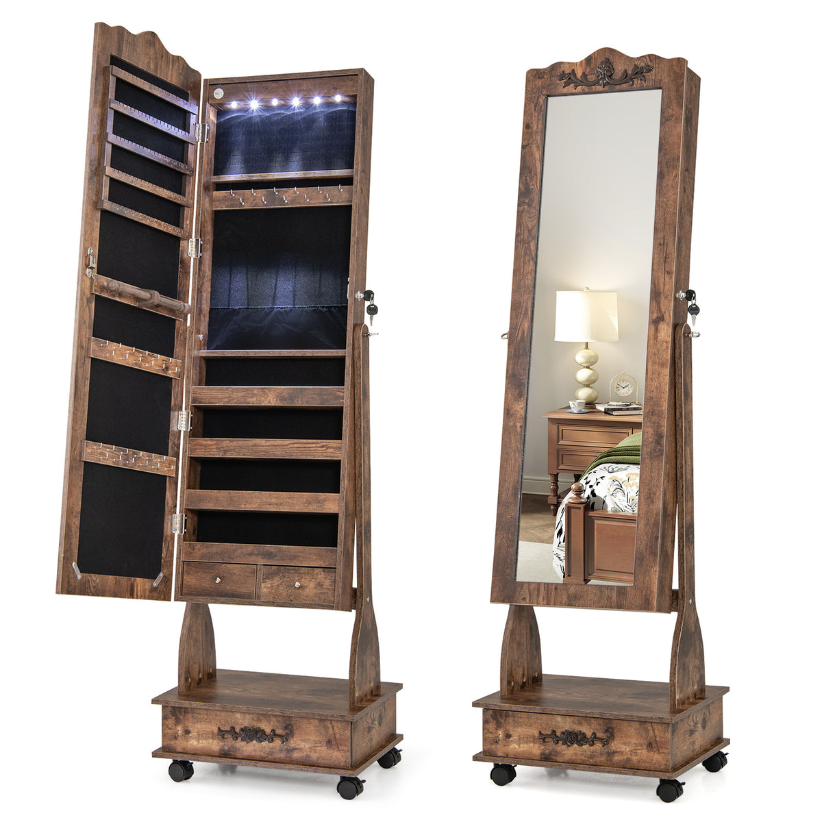 Rolling Floor Standing Mirrored Jewelry Armoire with Lock and Drawers-Rustic Brown-Jewelry Armoires-DECOROLALA