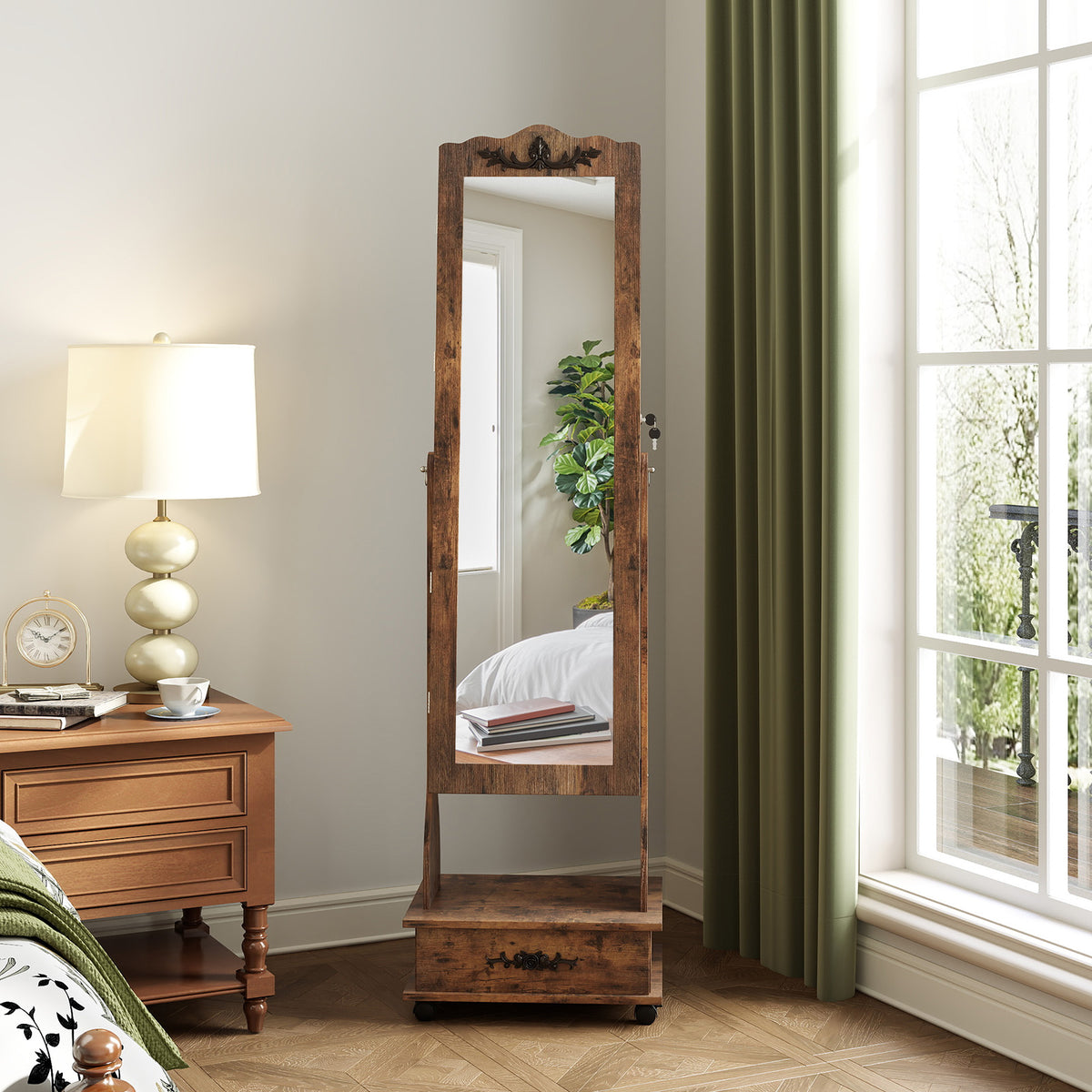 Rolling Floor Standing Mirrored Jewelry Armoire with Lock and Drawers-Rustic Brown-Jewelry Armoires-DECOROLALA