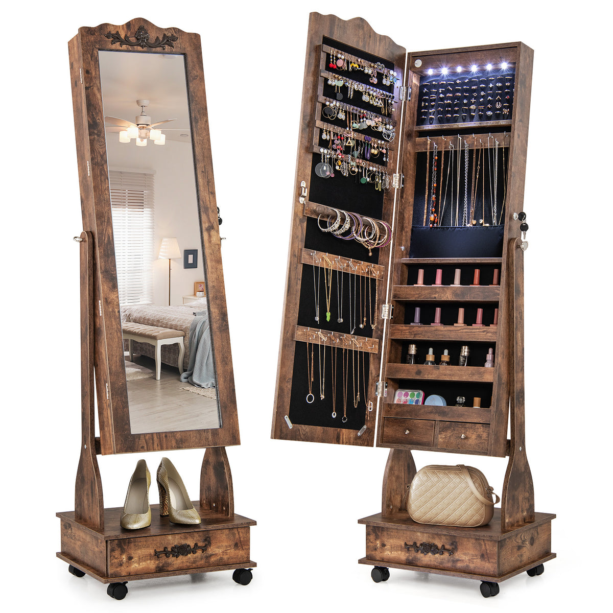 Rolling Floor Standing Mirrored Jewelry Armoire with Lock and Drawers-Rustic Brown-Jewelry Armoires-DECOROLALA