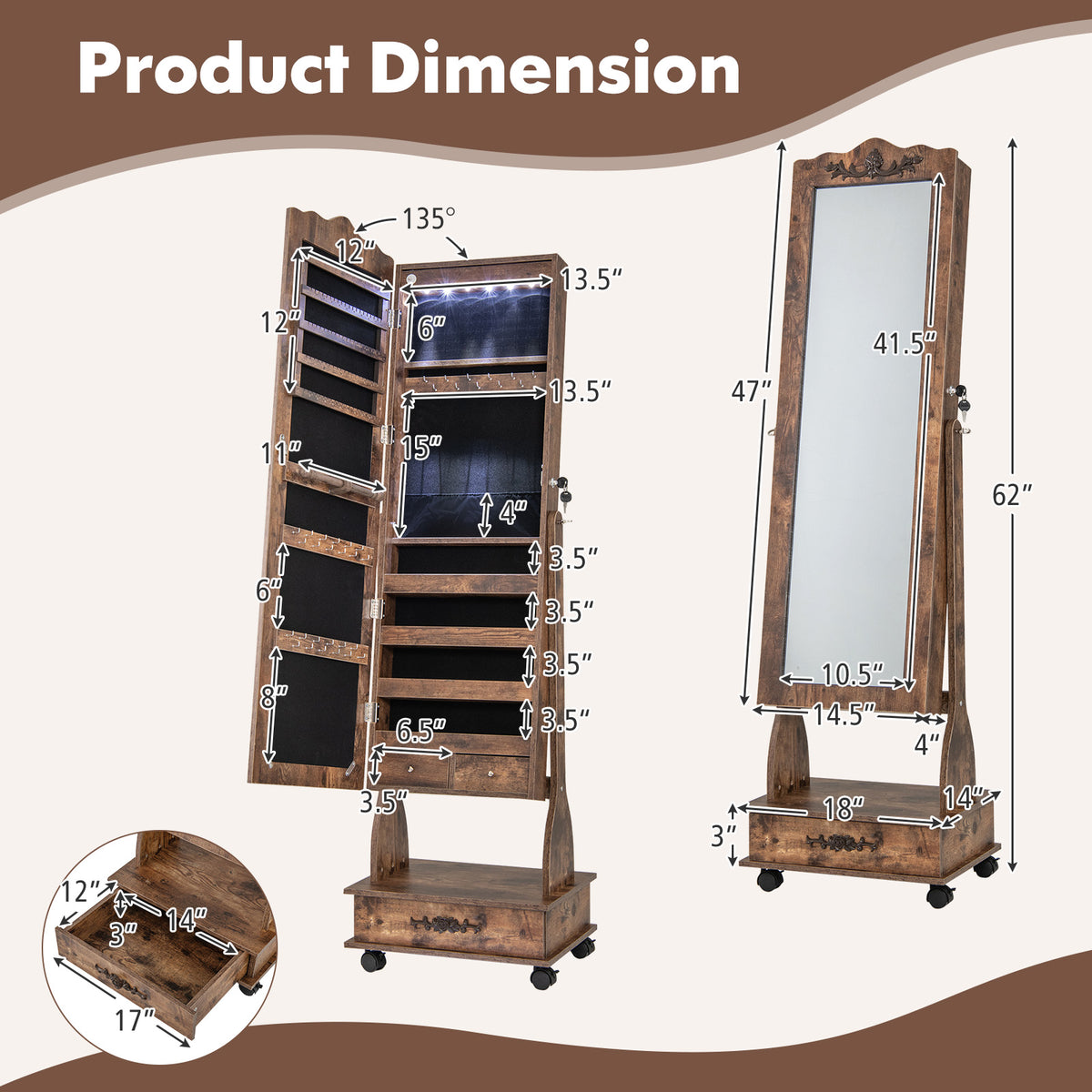 Rolling Floor Standing Mirrored Jewelry Armoire with Lock and Drawers-Rustic Brown-Jewelry Armoires-DECOROLALA