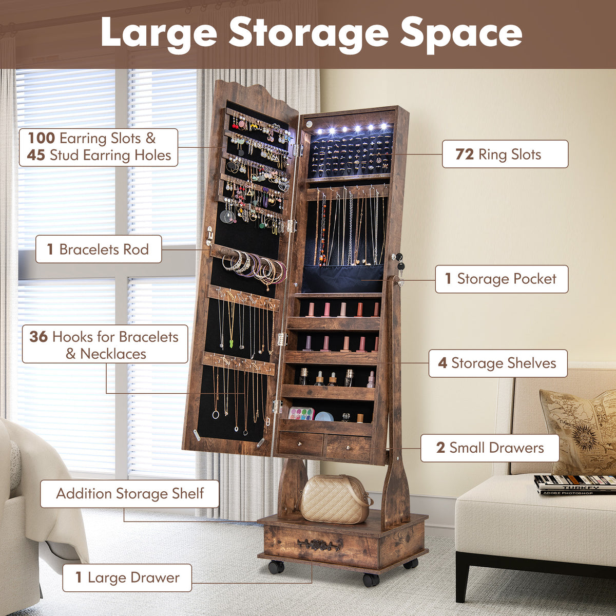 Rolling Floor Standing Mirrored Jewelry Armoire with Lock and Drawers-Rustic Brown-Jewelry Armoires-DECOROLALA