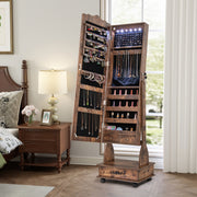 Rolling Floor Standing Mirrored Jewelry Armoire with Lock and Drawers-Rustic Brown-Jewelry Armoires-DECOROLALA