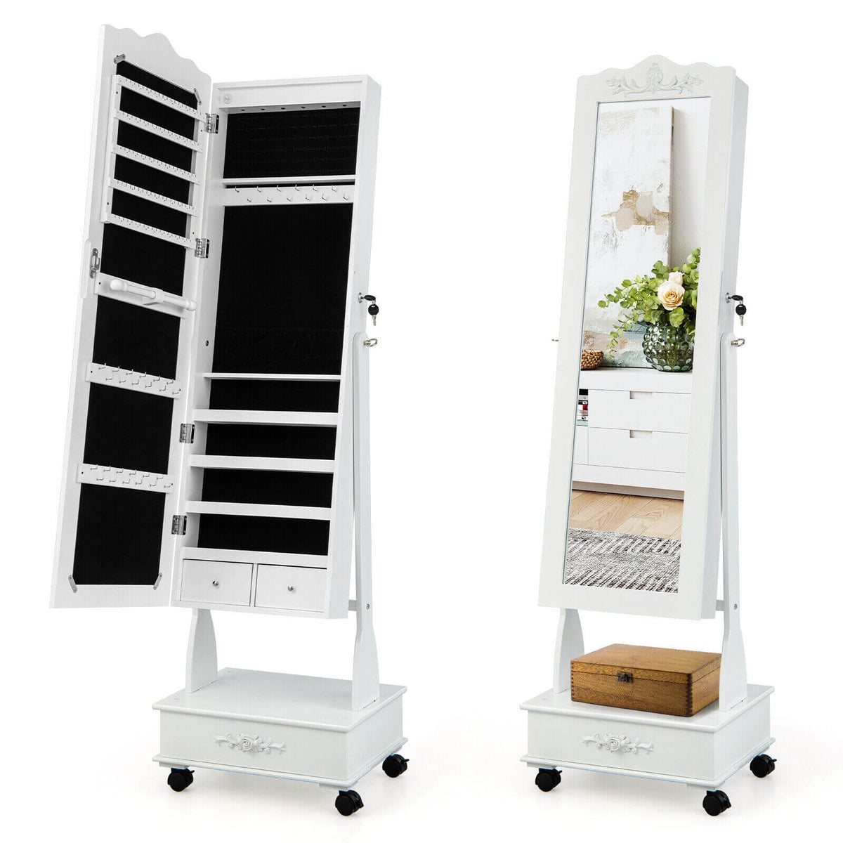 Rolling Floor Standing Mirrored Jewelry Armoire with Lock and Drawers-White-Jewelry Armoires-DECOROLALA
