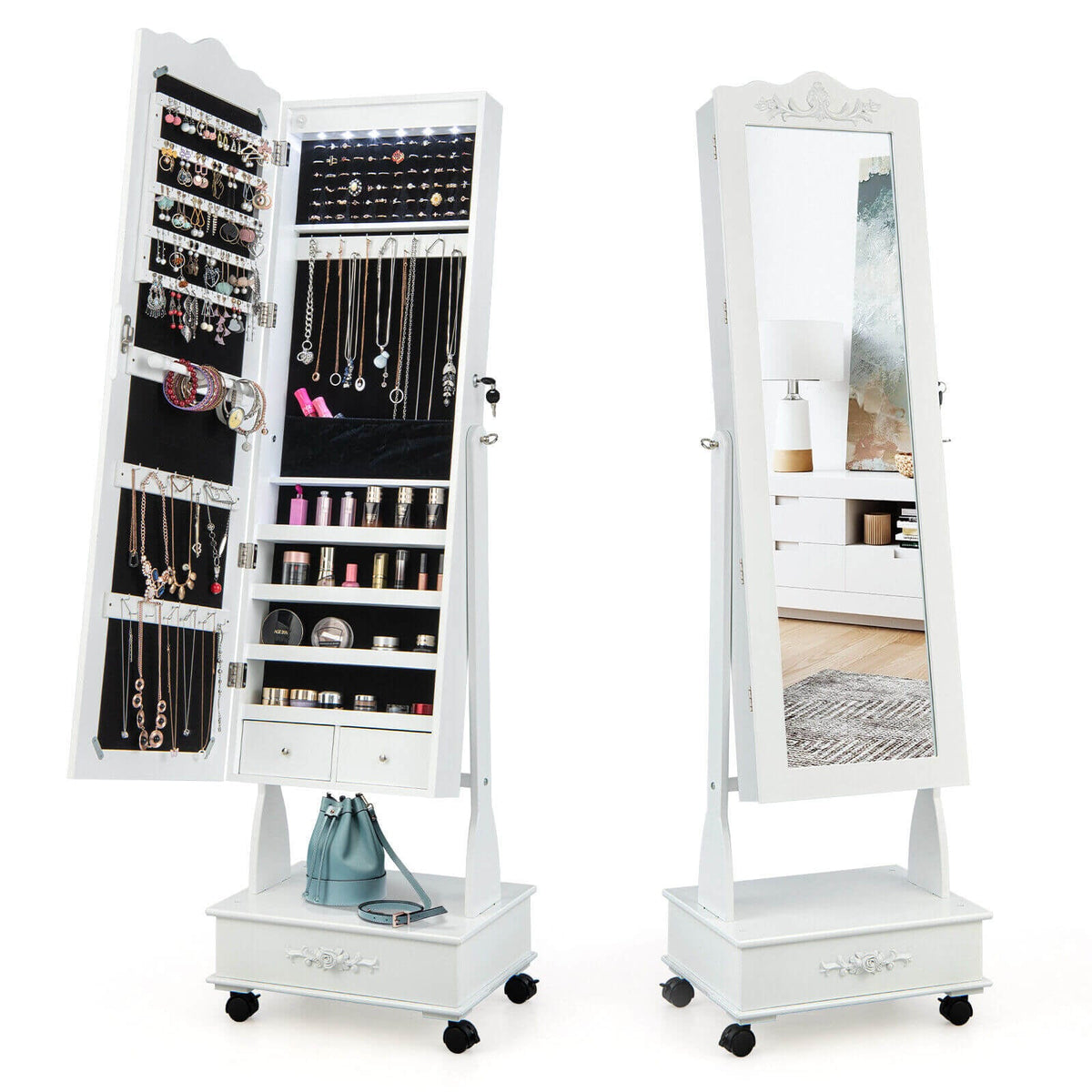 Rolling Floor Standing Mirrored Jewelry Armoire with Lock and Drawers-White-Jewelry Armoires-DECOROLALA