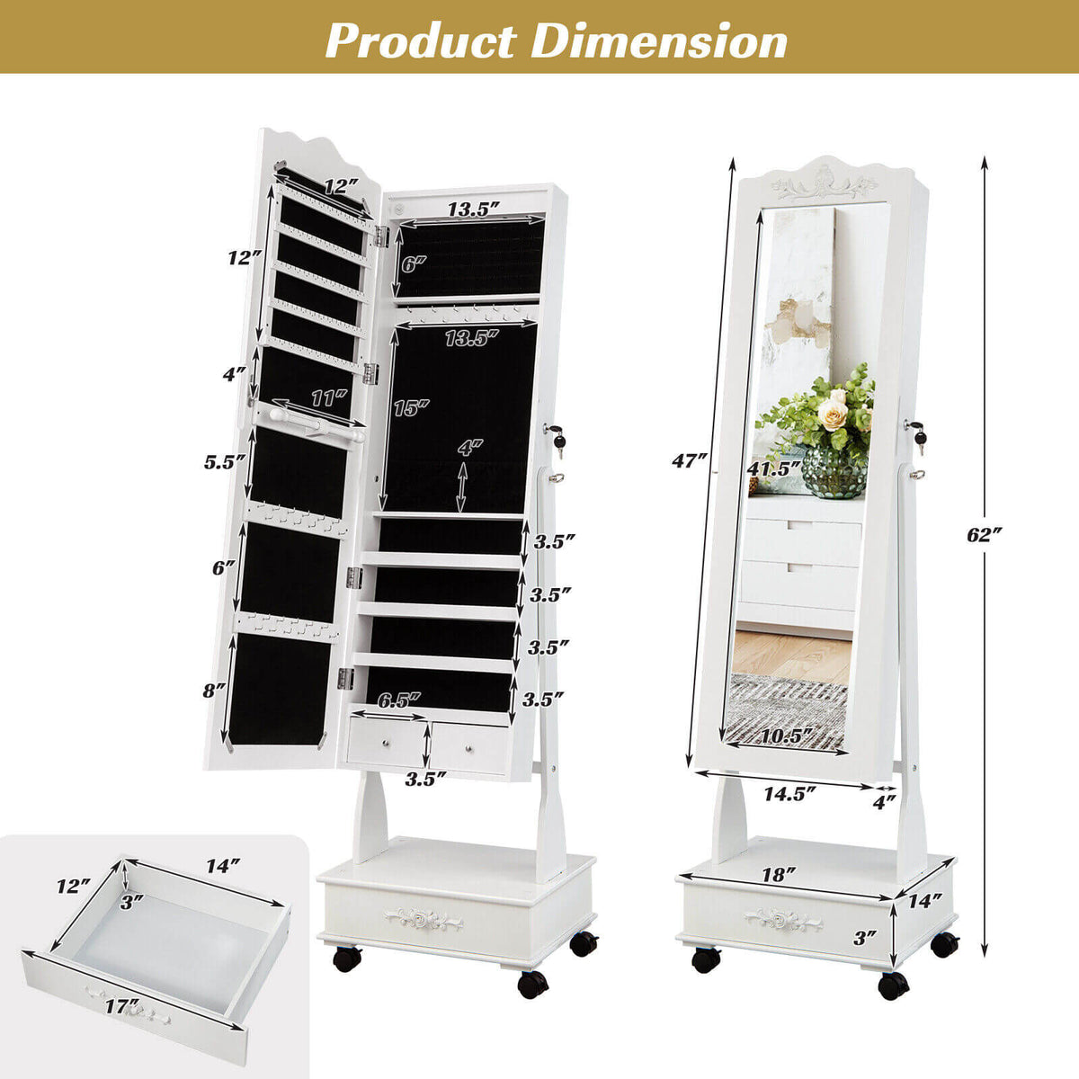 Rolling Floor Standing Mirrored Jewelry Armoire with Lock and Drawers-White-Jewelry Armoires-DECOROLALA