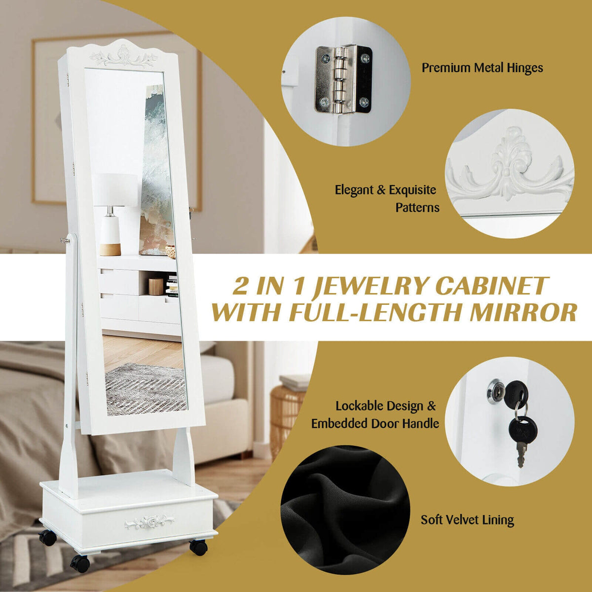 Rolling Floor Standing Mirrored Jewelry Armoire with Lock and Drawers-White-Jewelry Armoires-DECOROLALA