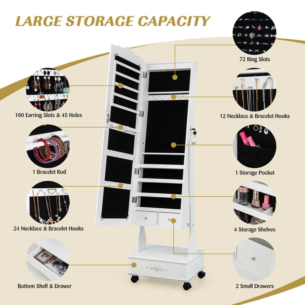 Rolling Floor Standing Mirrored Jewelry Armoire with Lock and Drawers-White-Jewelry Armoires-DECOROLALA