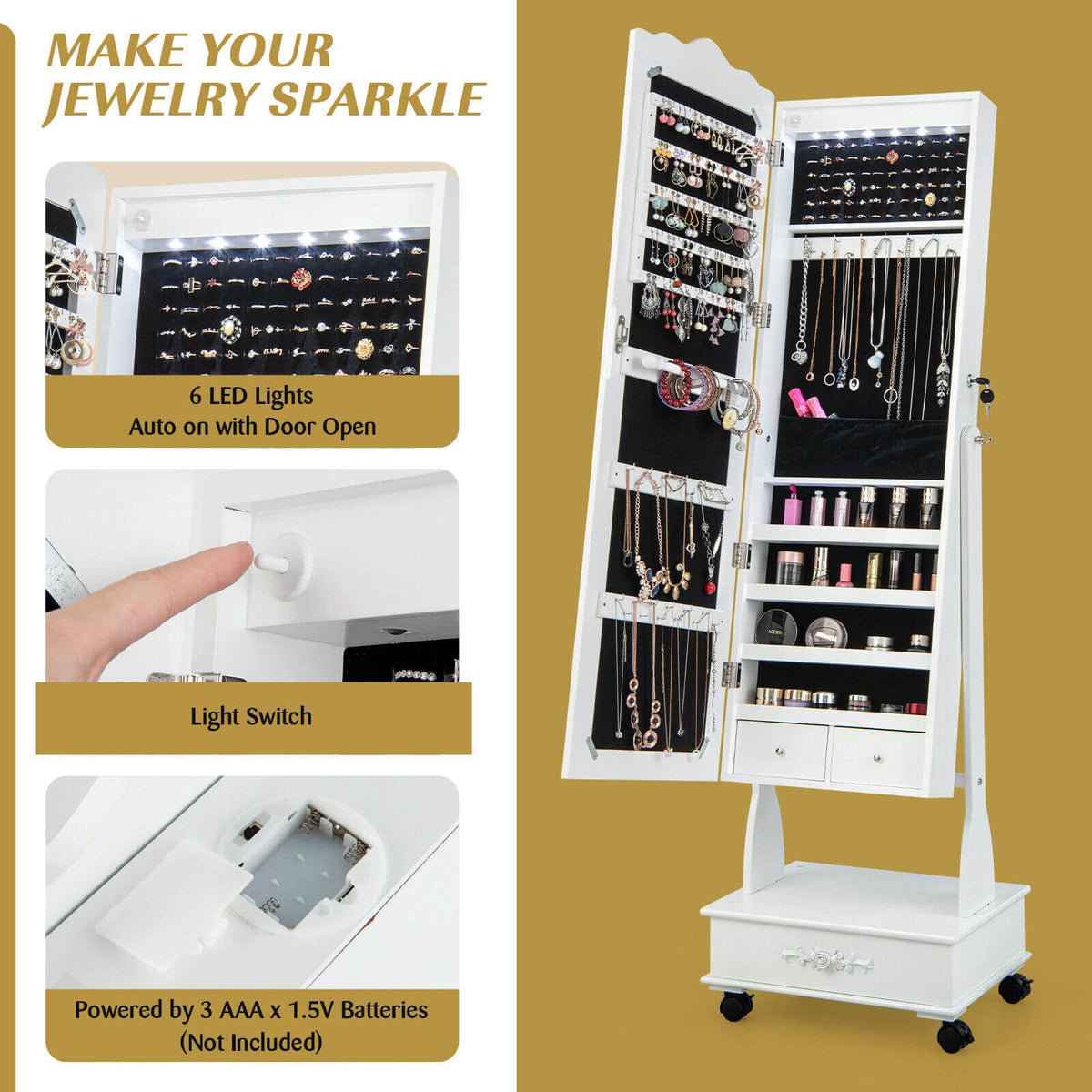 Rolling Floor Standing Mirrored Jewelry Armoire with Lock and Drawers-White-Jewelry Armoires-DECOROLALA