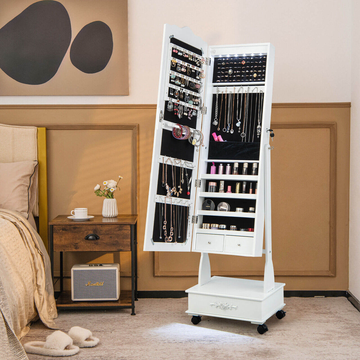 Rolling Floor Standing Mirrored Jewelry Armoire with Lock and Drawers-White-Jewelry Armoires-DECOROLALA