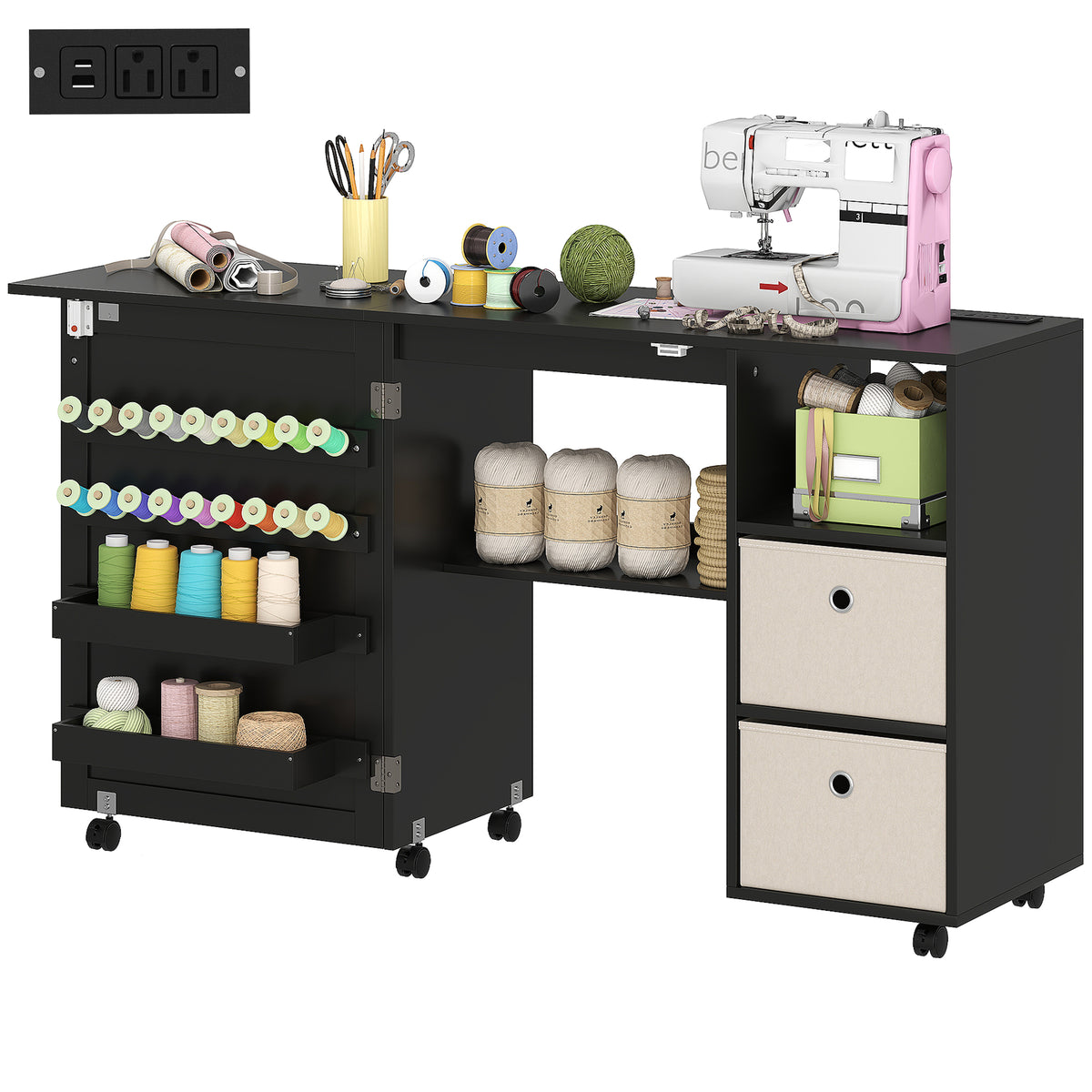 Rolling Folding Sewing Table with Power Outlet - Black-DECOROLALA