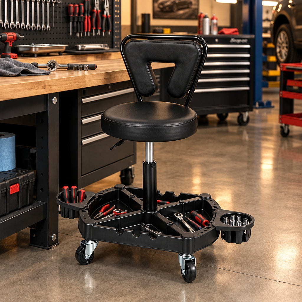 Rolling Garage Mechanic Stool with Tool Tray - Black-Garages-DECOROLALA