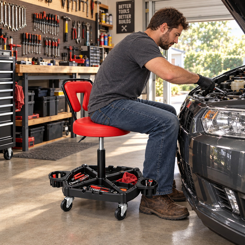 Rolling Garage Mechanic Stool with Tool Tray - Black & Red-Garages-DECOROLALA