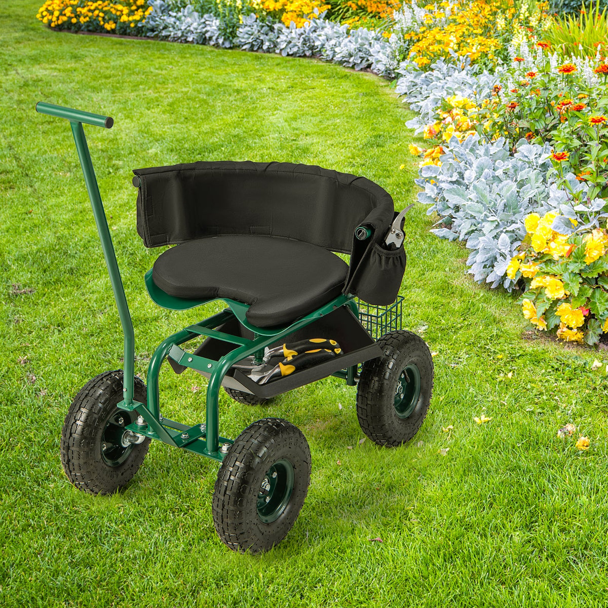 Rolling Garden Cart with Height Adjustable Swivel Seat and Storage Basket-Green-Garden Carts-DECOROLALA