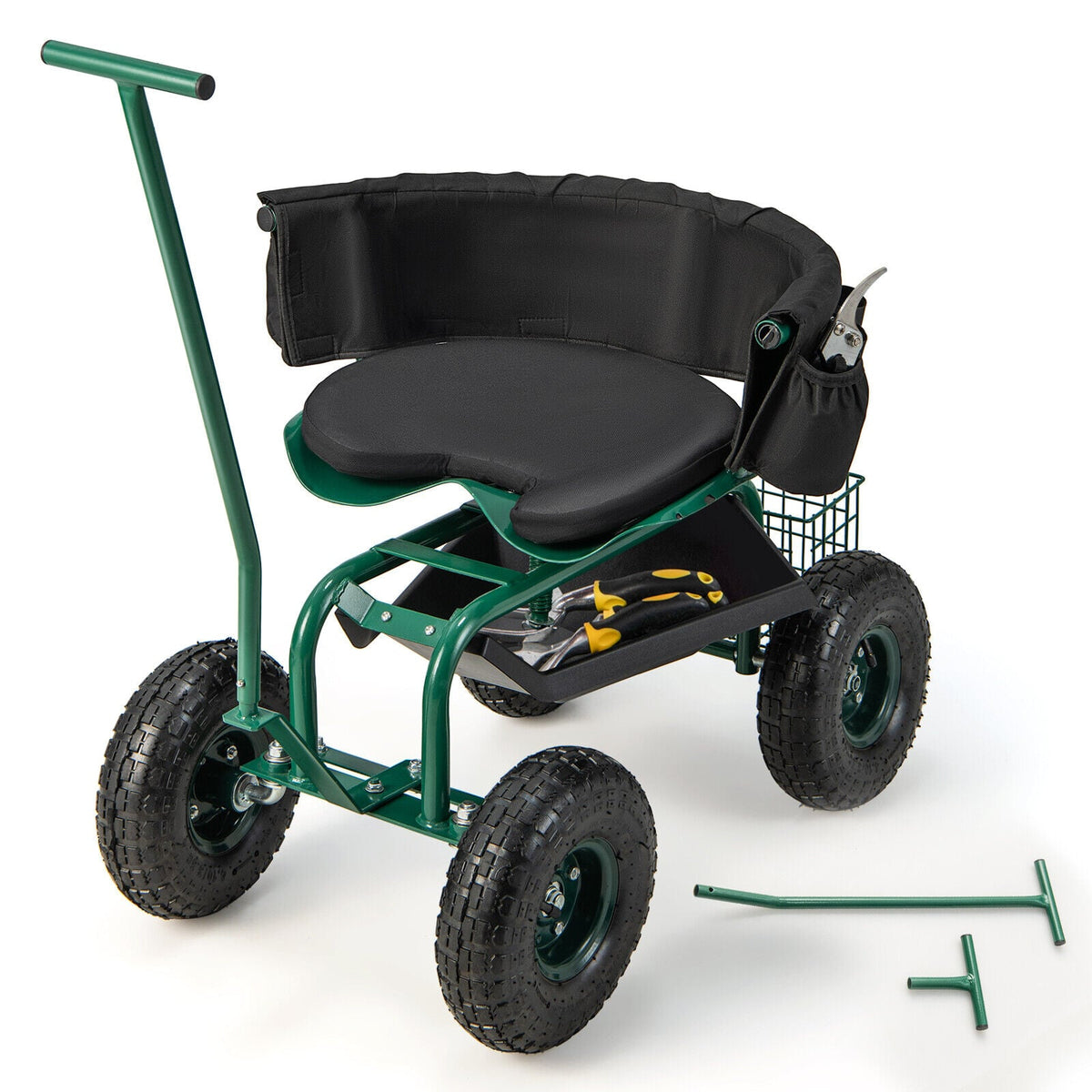 Rolling Garden Cart with Height Adjustable Swivel Seat and Storage Basket-Green-Garden Carts-DECOROLALA