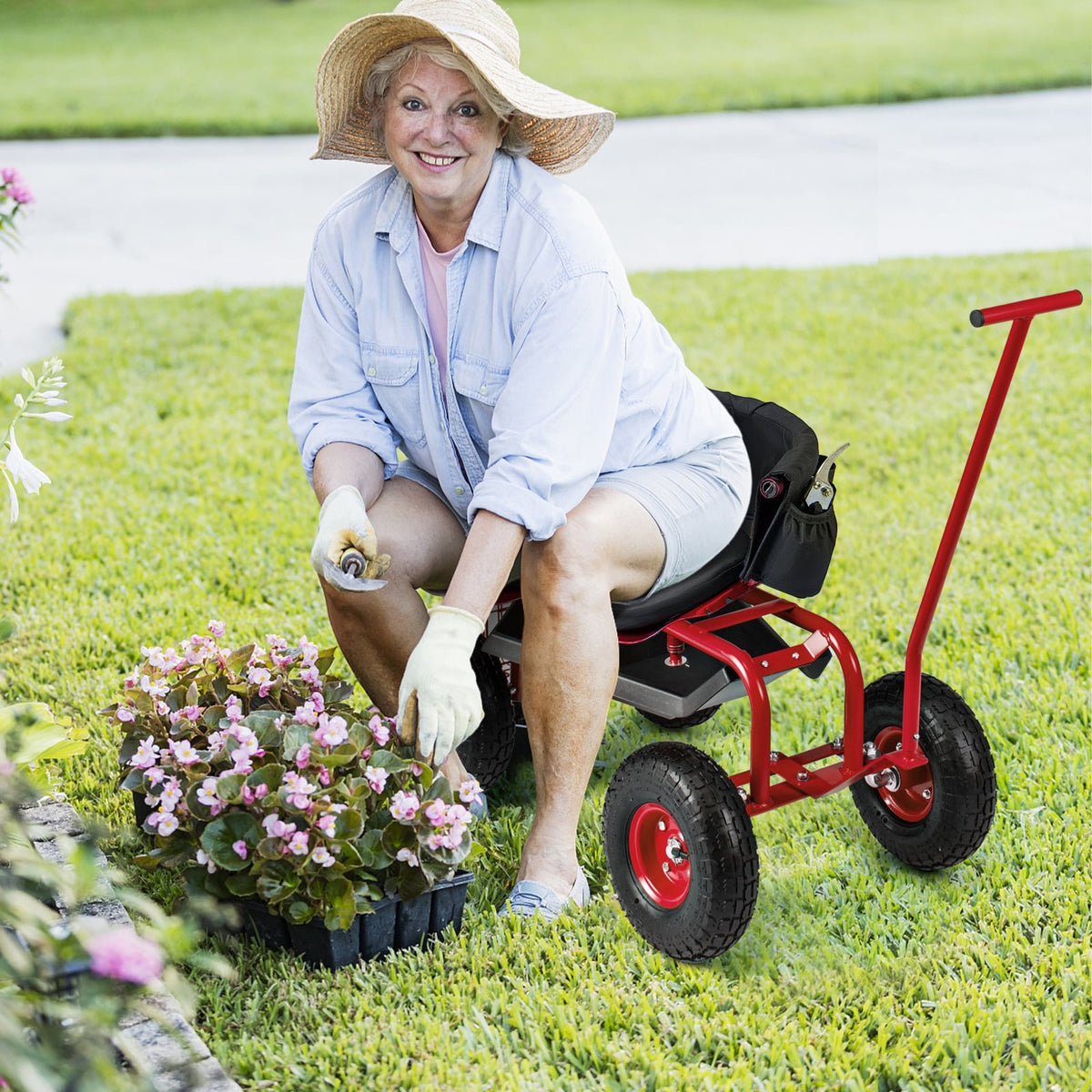 Rolling Garden Cart with Height Adjustable Swivel Seat and Storage Basket-Red-Garden Carts-DECOROLALA