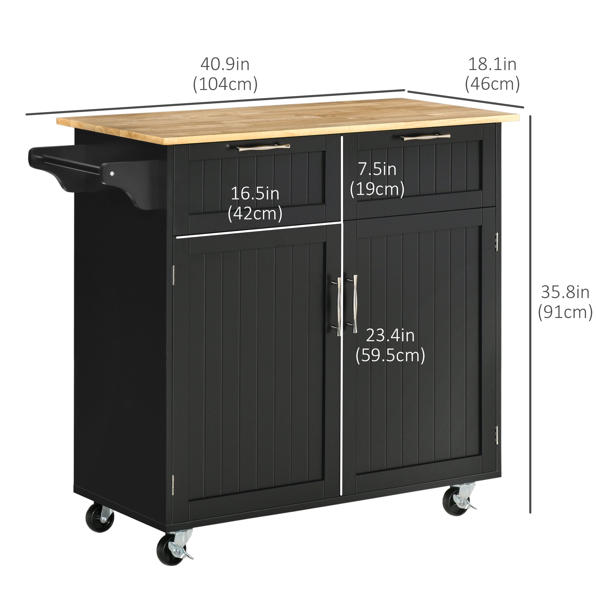 Rolling Kitchen Island - Black Wood Cart with 2 Drawers & Cabinet-DECOROLALA