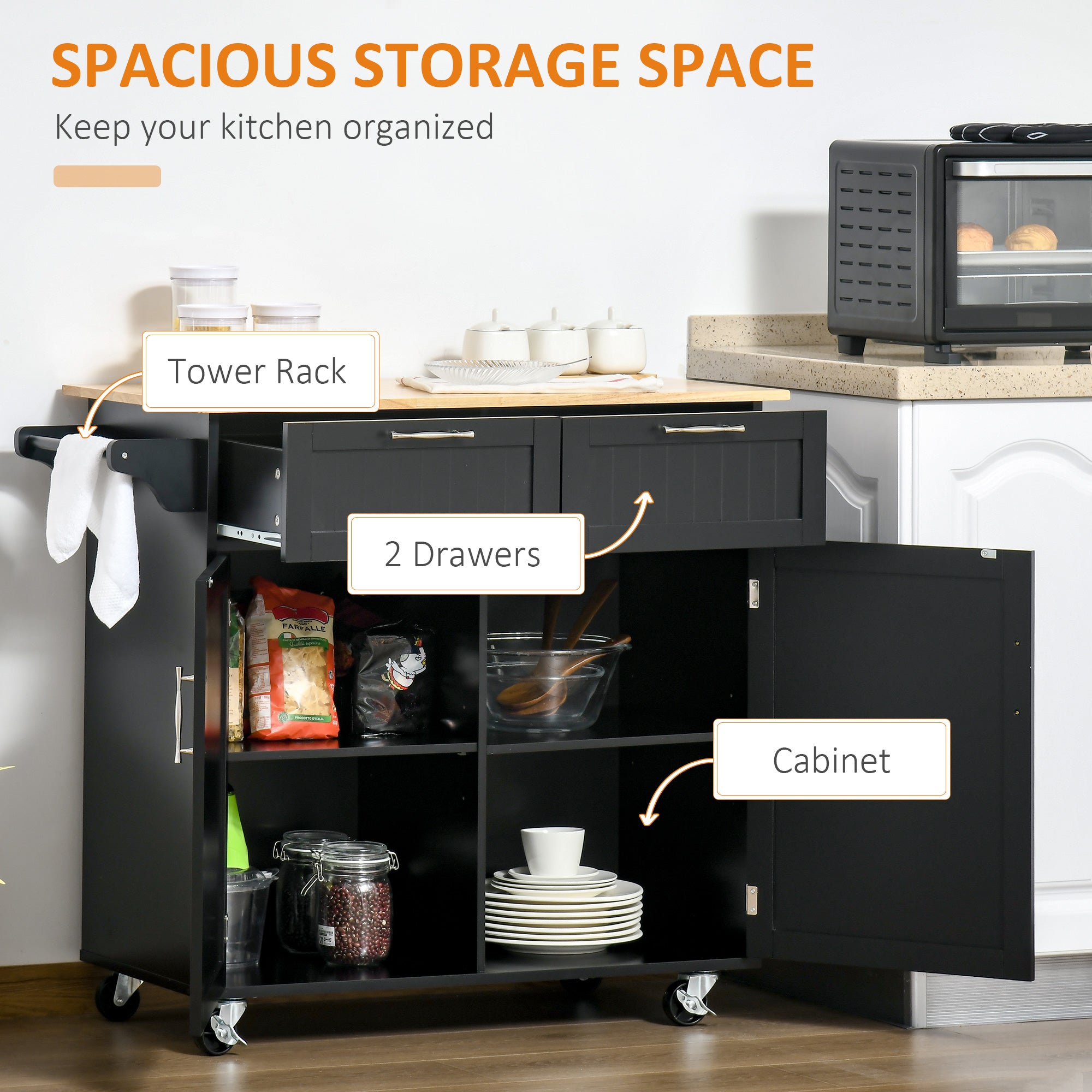 Rolling Kitchen Island - Black Wood Cart with 2 Drawers & Cabinet-DECOROLALA