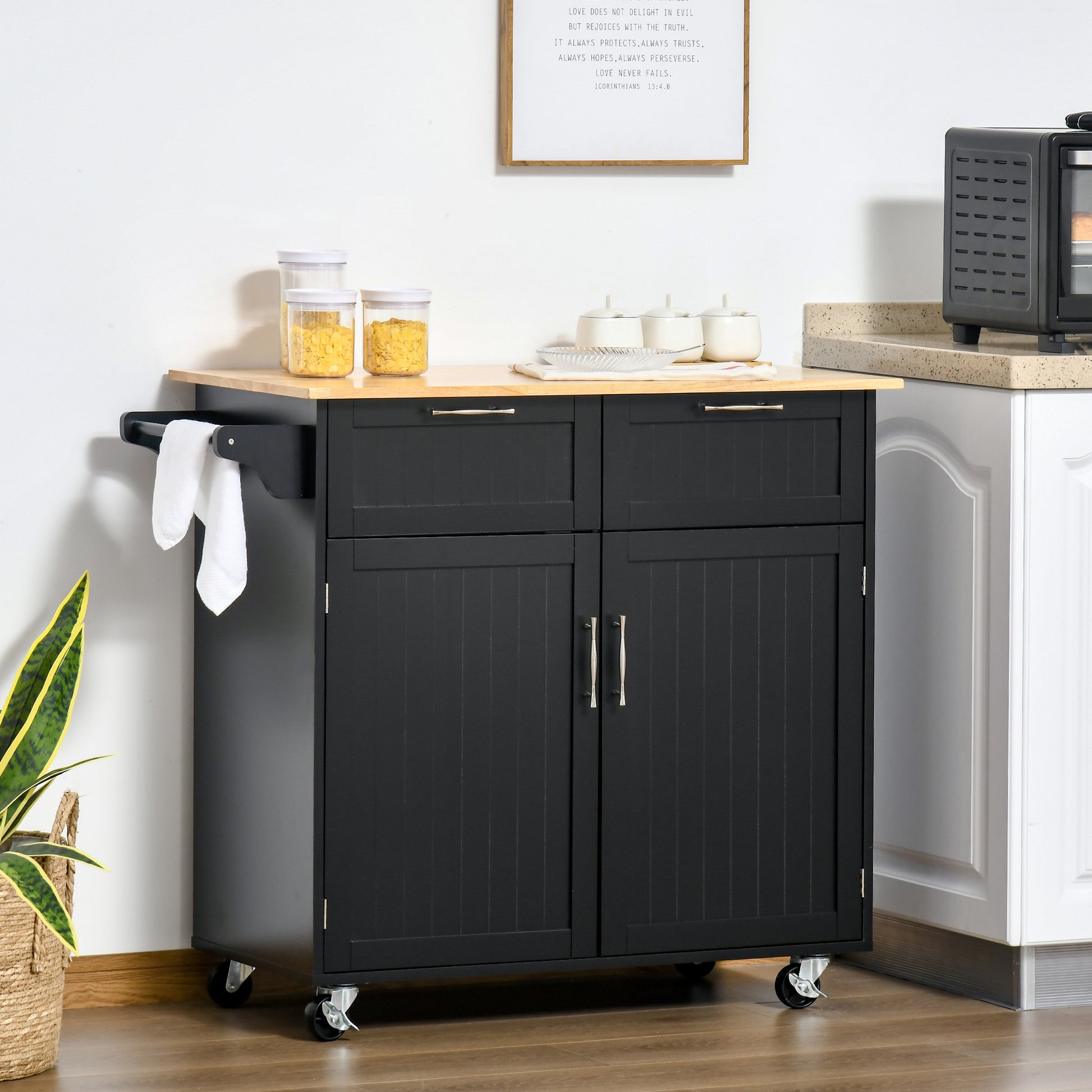 Rolling Kitchen Island - Black Wood Cart with 2 Drawers & Cabinet-DECOROLALA