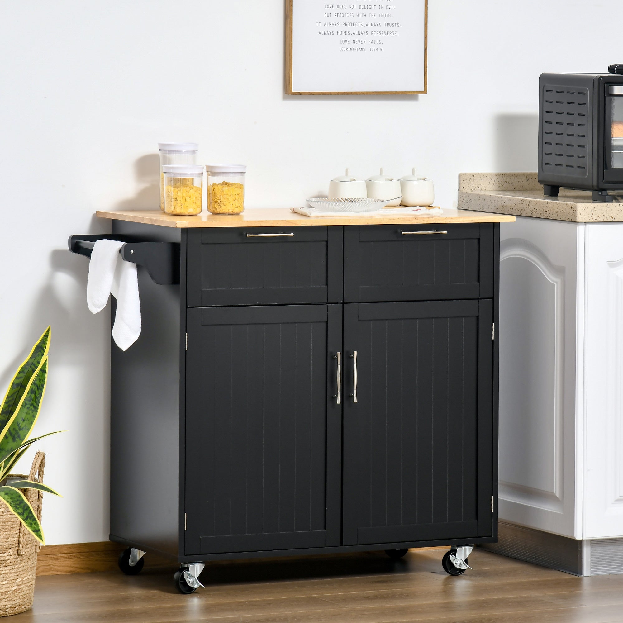 Rolling Kitchen Island - Black Wood Cart with 2 Drawers & Cabinet-DECOROLALA