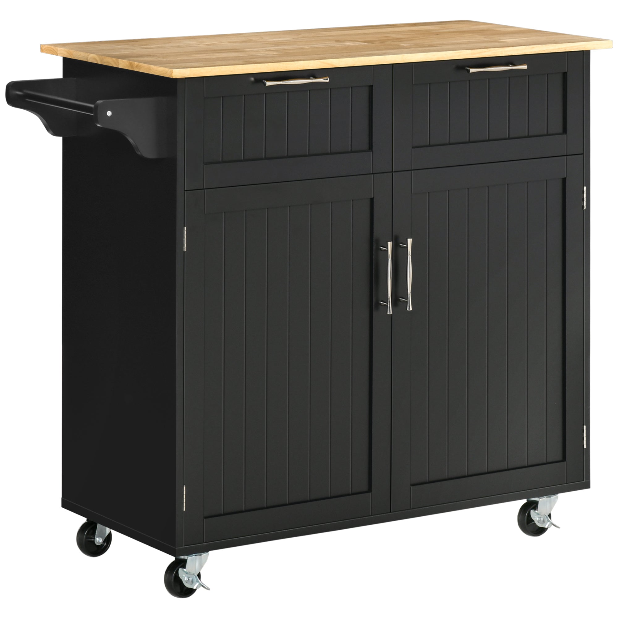 Rolling Kitchen Island - Black Wood Cart with 2 Drawers & Cabinet-DECOROLALA
