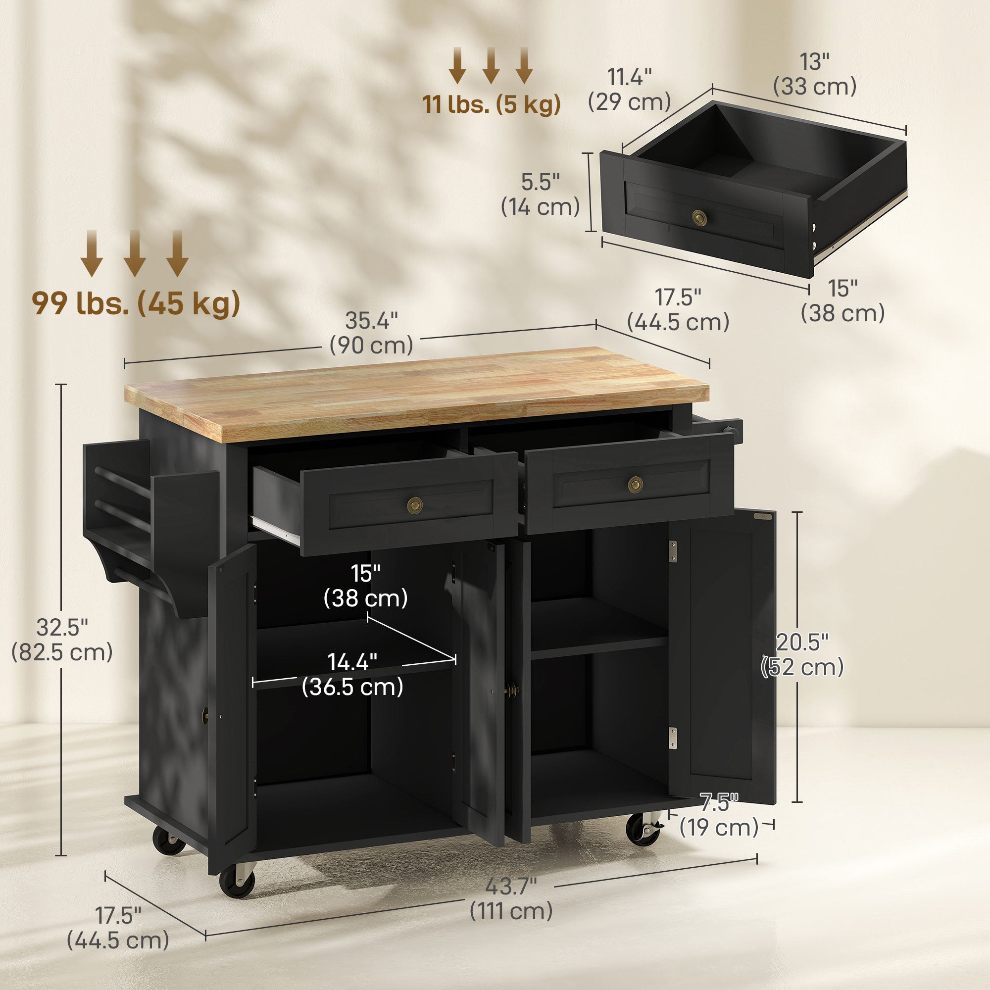 Rolling Kitchen Island - Black Wood Top with Storage 44" W-DECOROLALA