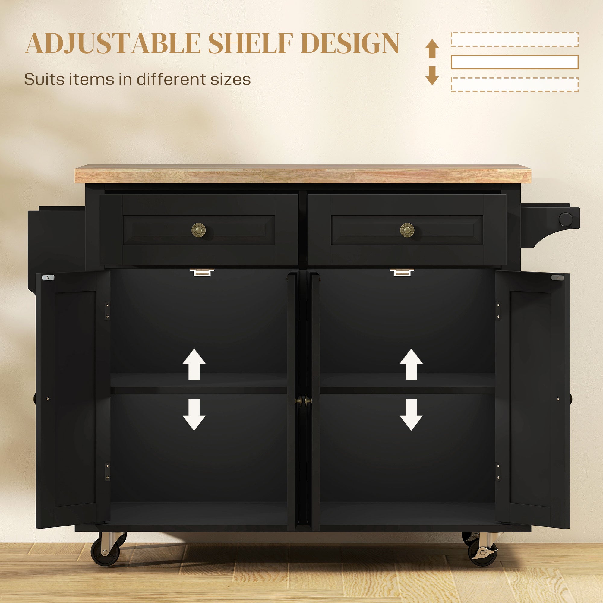 Rolling Kitchen Island - Black Wood Top with Storage 44" W-DECOROLALA