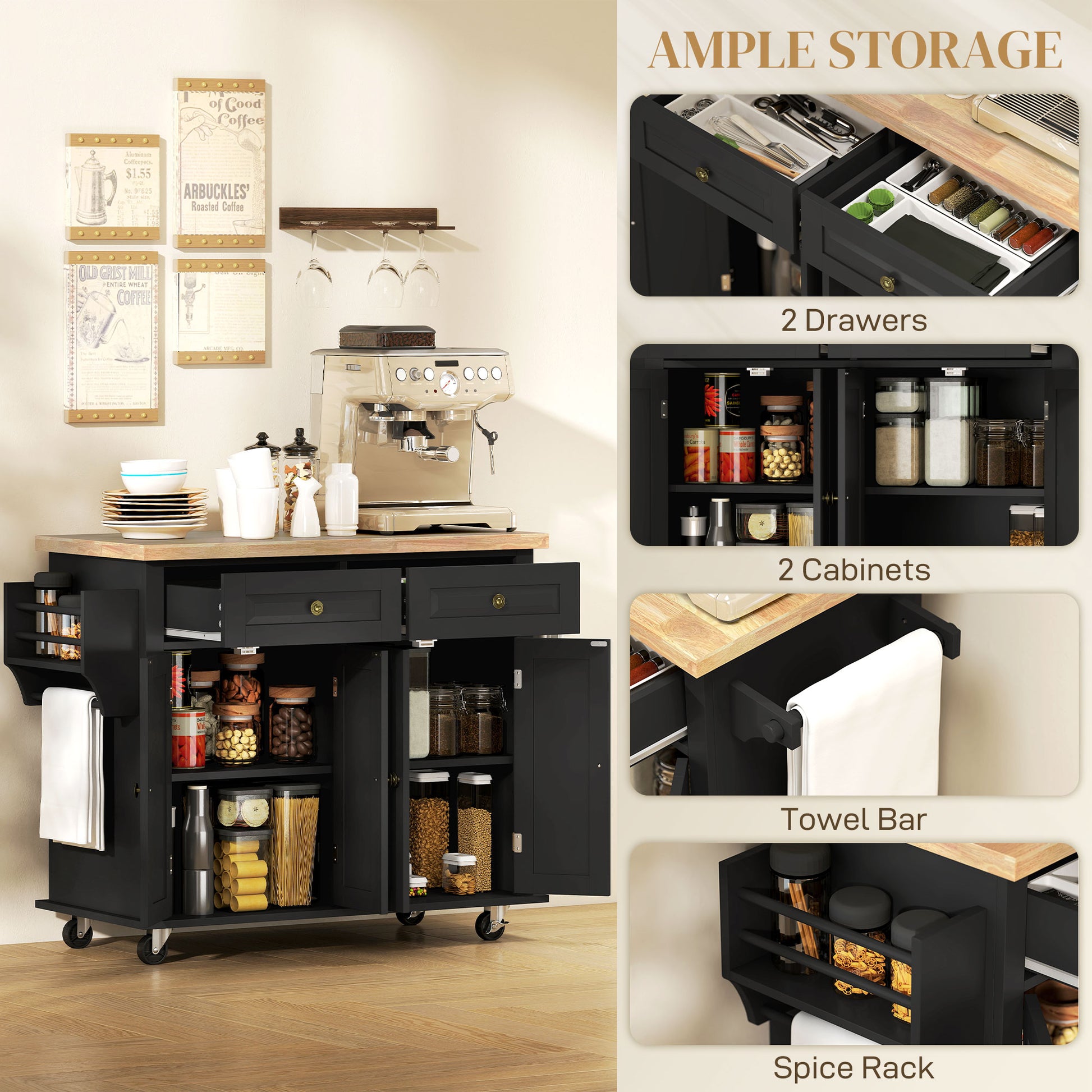 Rolling Kitchen Island - Black Wood Top with Storage 44" W-DECOROLALA