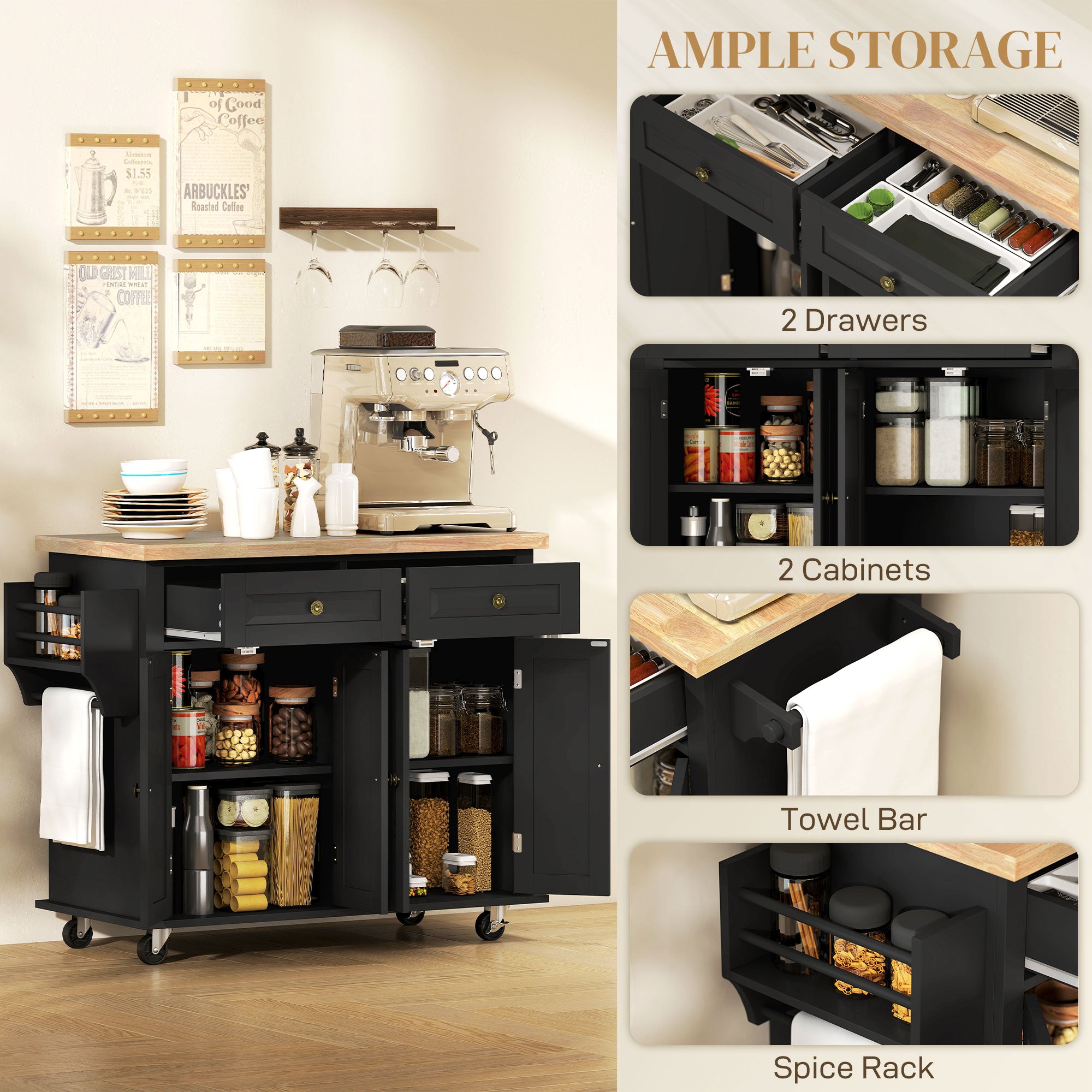 Rolling Kitchen Island - Black Wood Top with Storage 44" W-DECOROLALA