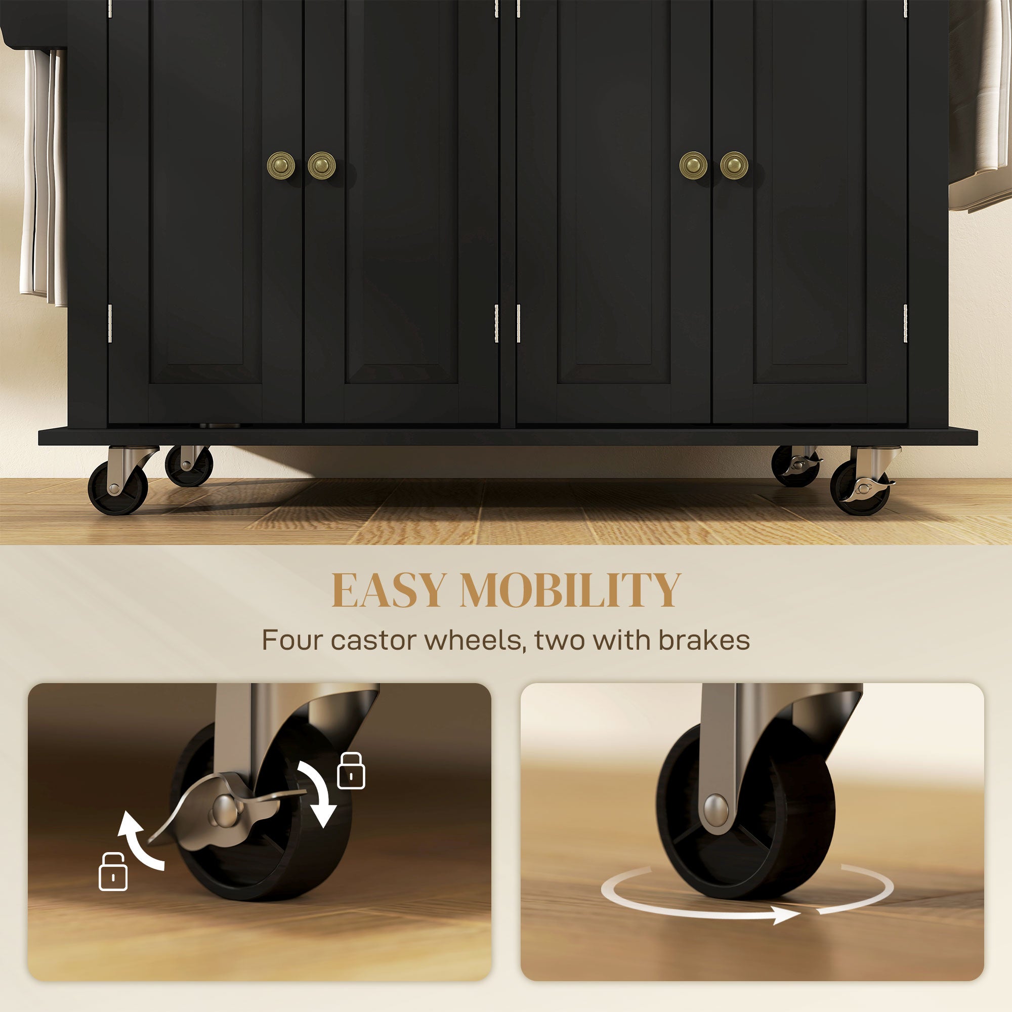 Rolling Kitchen Island - Black Wood Top with Storage 44" W-DECOROLALA